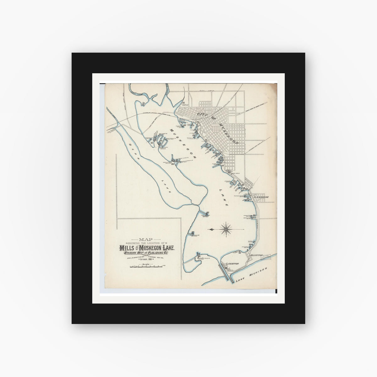 Old map wall art mockup — black gallery frame with white mat — Sanborn Fire Insurance Map from Muskegon, Muskegon County, Michigan (1883), Sheet #0002