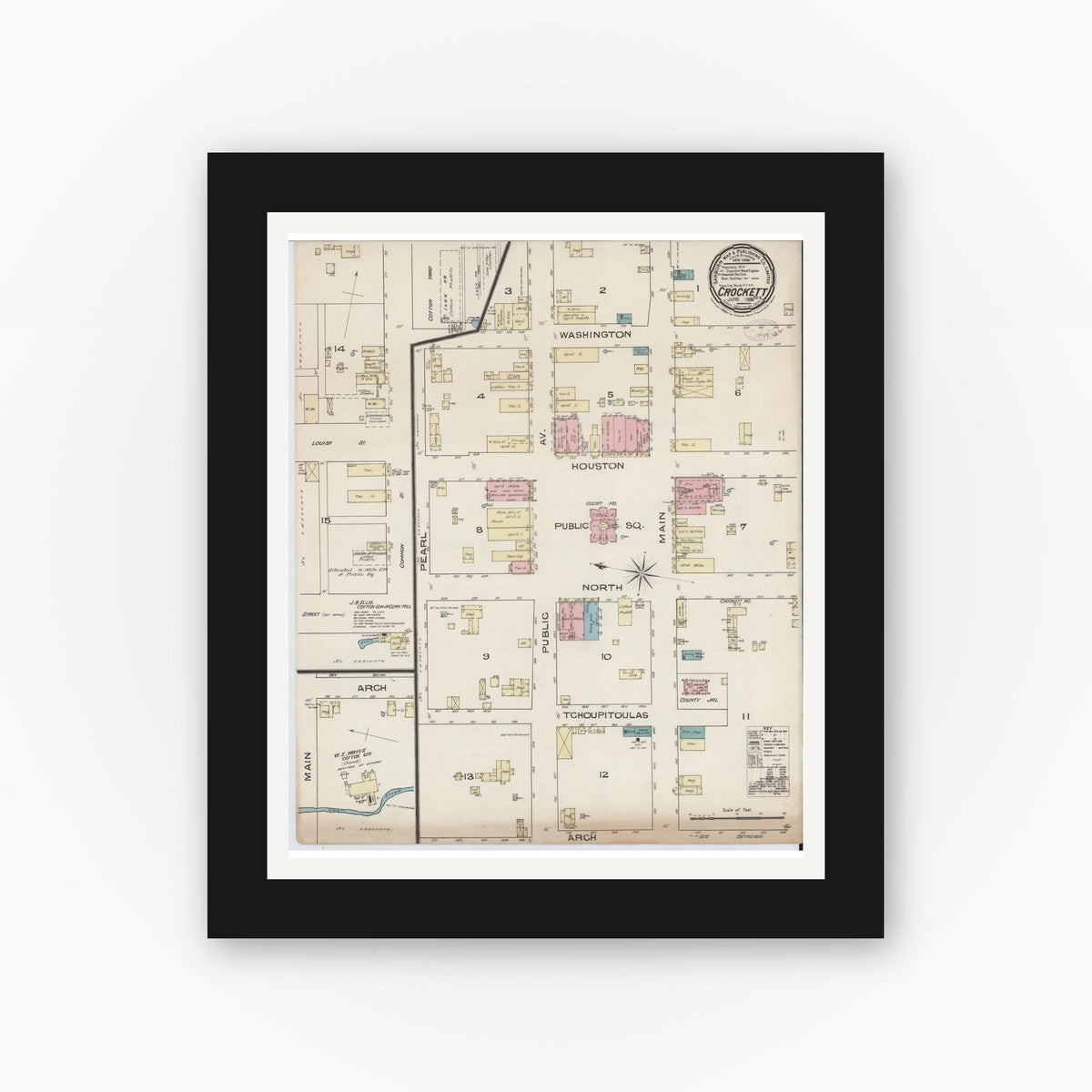 Old map wall art mockup — black gallery frame with white mat — Sanborn Fire Insurance Map from Crockett, Houston County, Texas (1885), Sheet #0001
