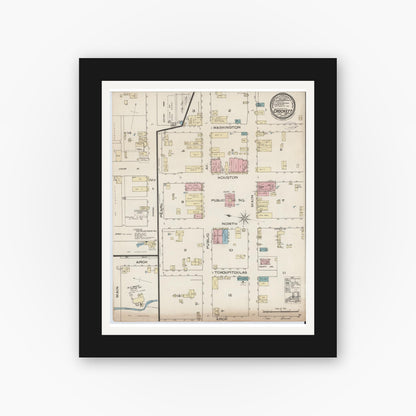 Old map wall art mockup — black gallery frame with white mat — Sanborn Fire Insurance Map from Crockett, Houston County, Texas (1885), Sheet #0001