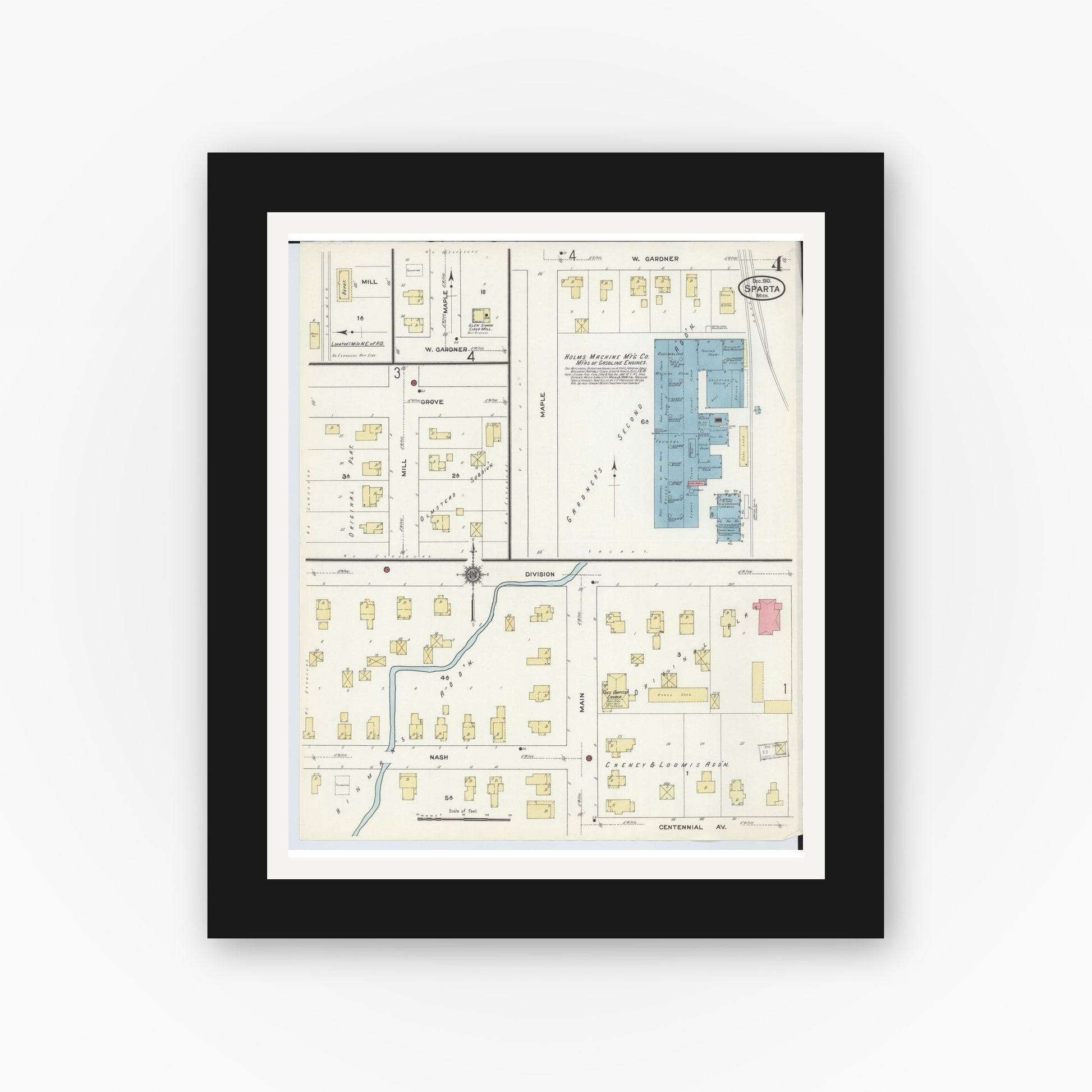 Old map wall art mockup — black gallery frame with white mat — Sanborn Fire Insurance Map from Sparta, Kent County, Michigan (1910), Sheet #0004