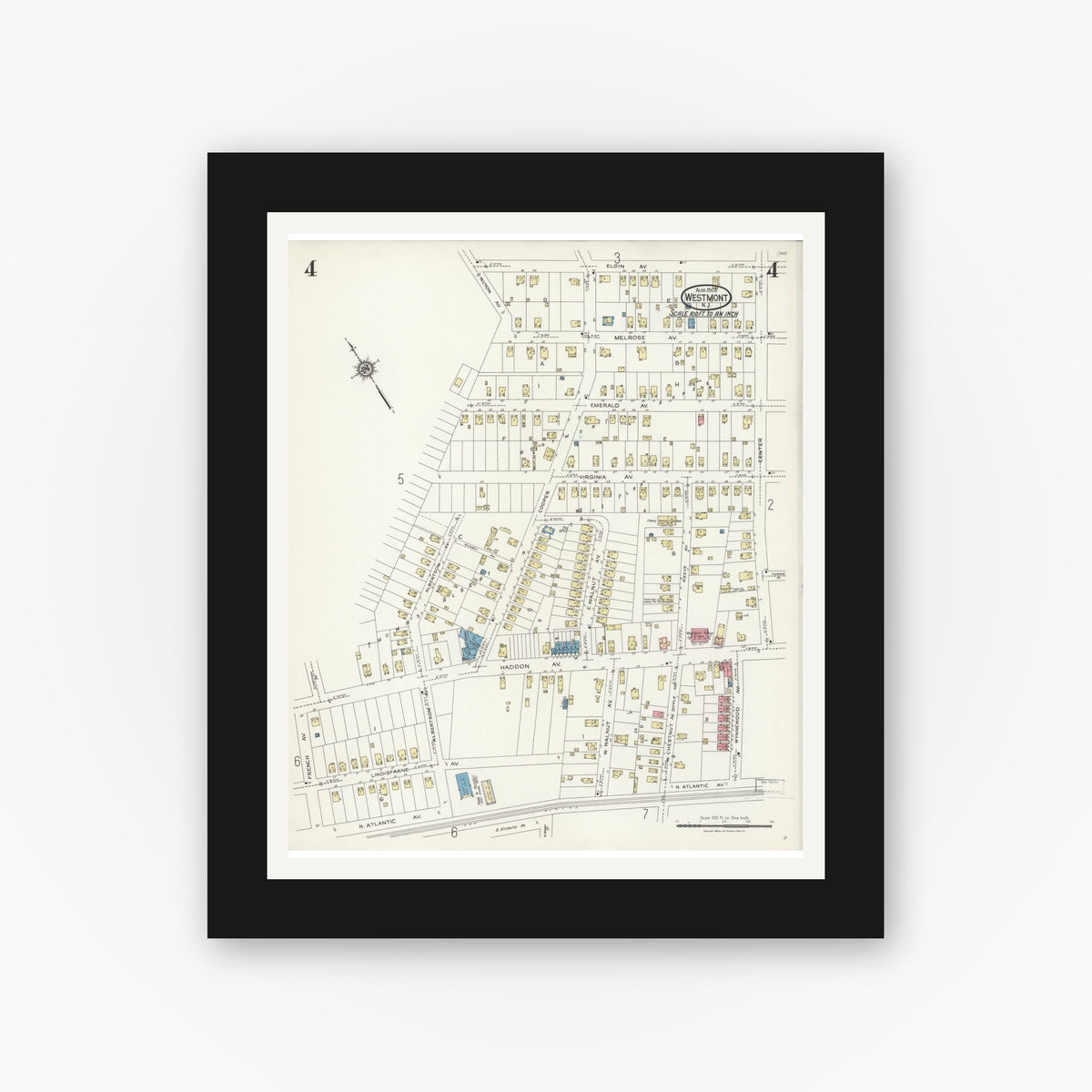 Old map wall art mockup — black gallery frame with white mat — Sanborn Fire Insurance Map from Westmont, Camden County, New Jersey (1925), Sheet #0004