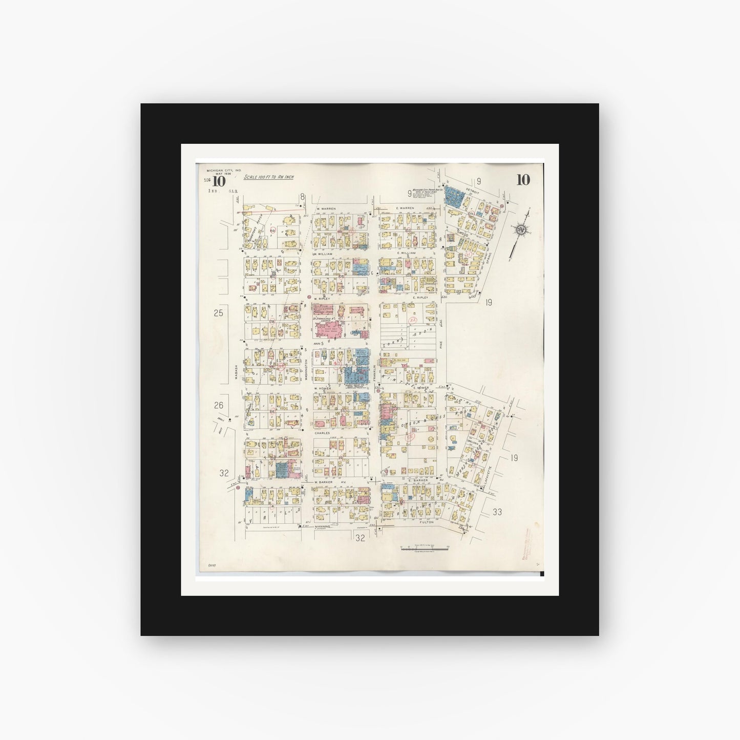 Old map wall art mockup — black gallery frame with white mat — Sanborn Fire Insurance Map from Michigan City, La Porte County, Indiana (1948), Sheet #0010