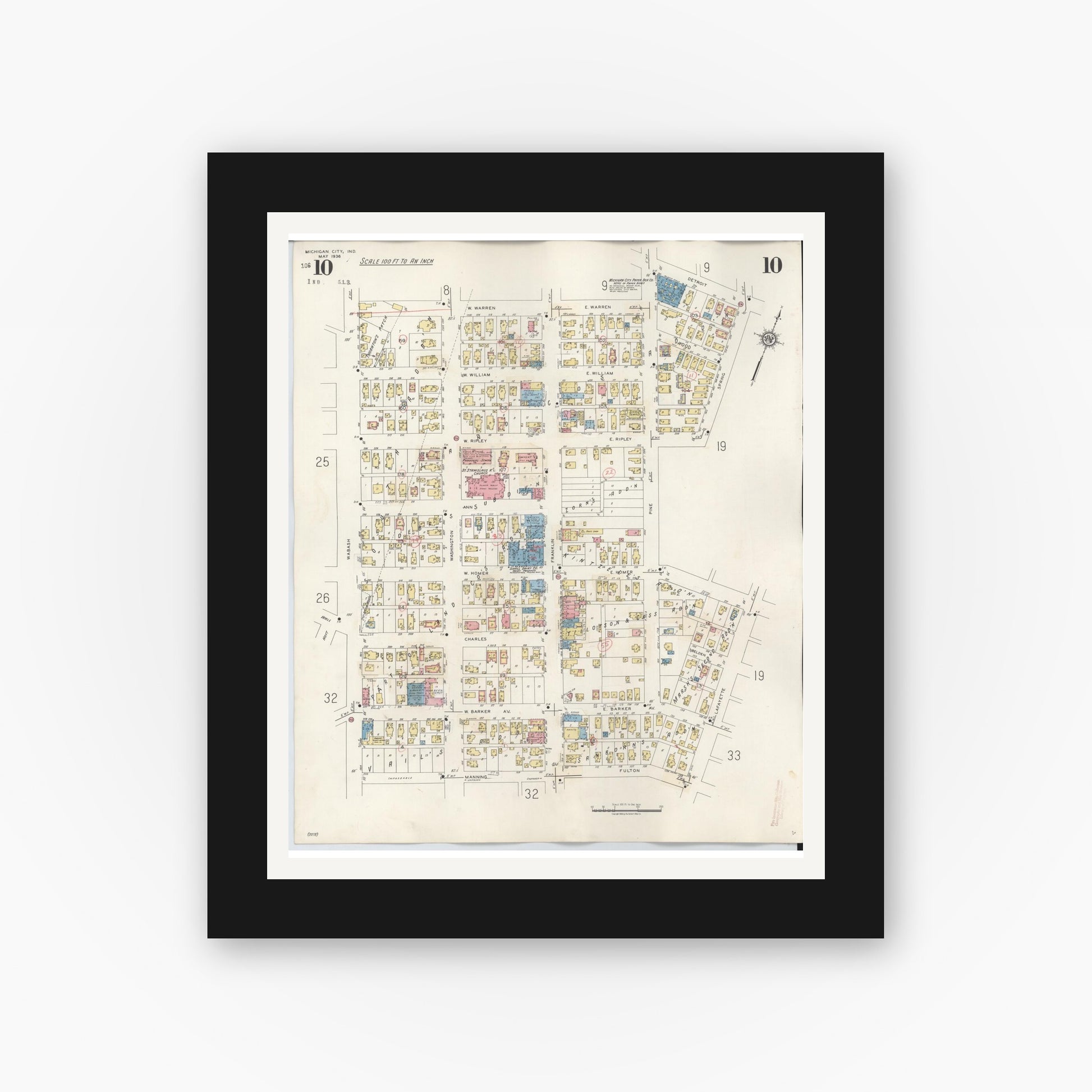 Old map wall art mockup — black gallery frame with white mat — Sanborn Fire Insurance Map from Michigan City, La Porte County, Indiana (1948), Sheet #0010