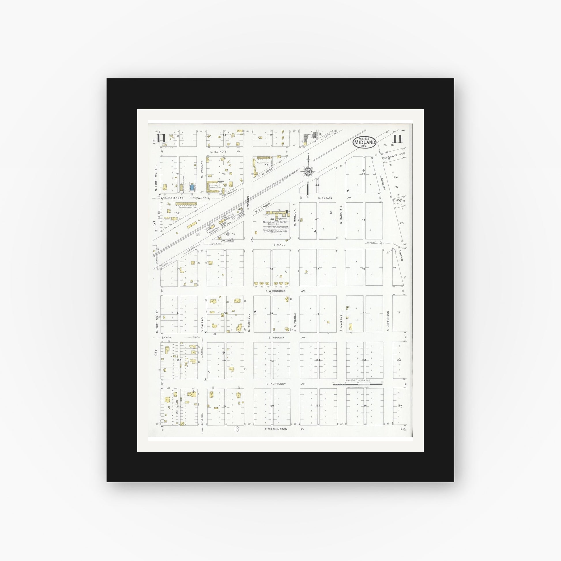 Old map wall art mockup — black gallery frame with white mat — Sanborn Fire Insurance Map from Midland, Midland County, Texas (1929), Sheet #0011