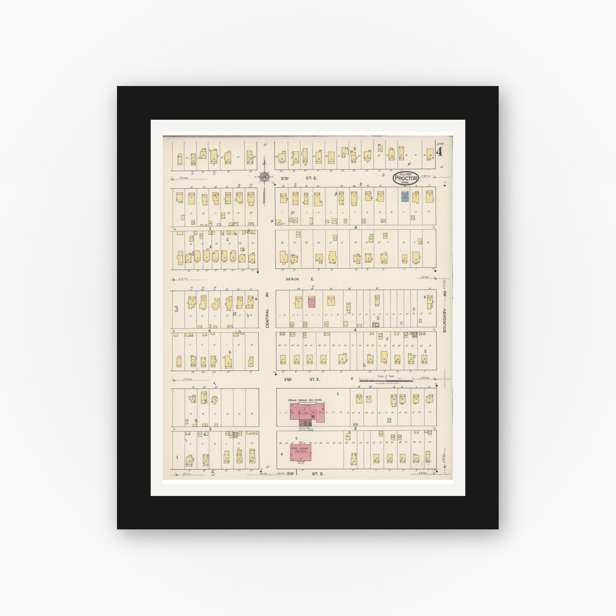 Old map wall art mockup — black gallery frame with white mat — Sanborn Fire Insurance Map from Proctor, Saint Louis County, Minnesota (1922), Sheet #0004