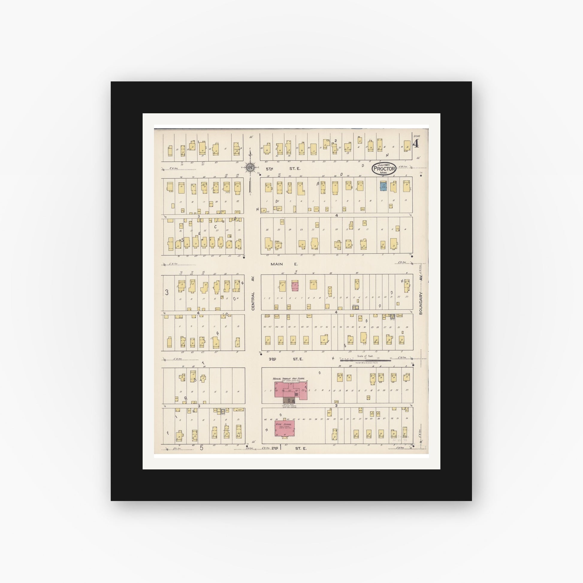 Old map wall art mockup — black gallery frame with white mat — Sanborn Fire Insurance Map from Proctor, Saint Louis County, Minnesota (1922), Sheet #0004