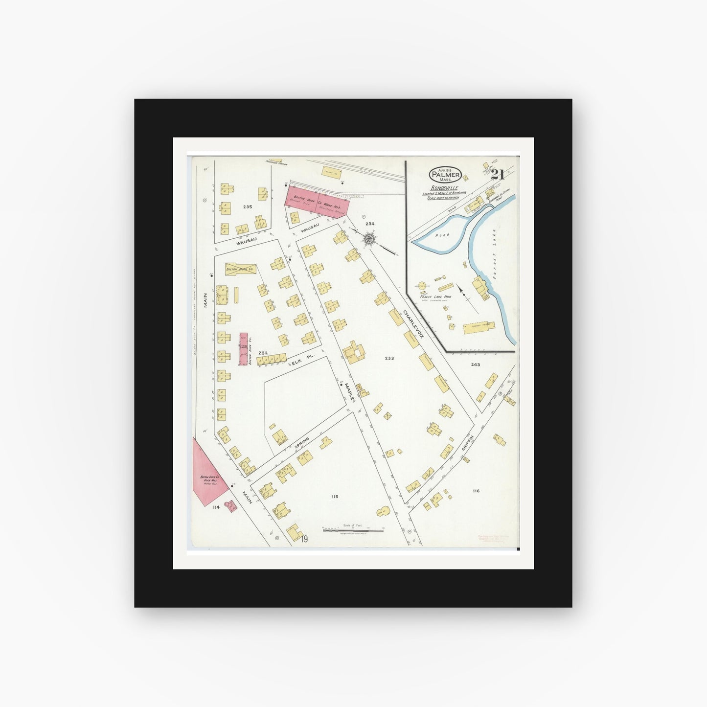 Old map wall art mockup — black gallery frame with white mat — Sanborn Fire Insurance Map from Palmer, Hampden County, Massachusetts (1918), Sheet #0021