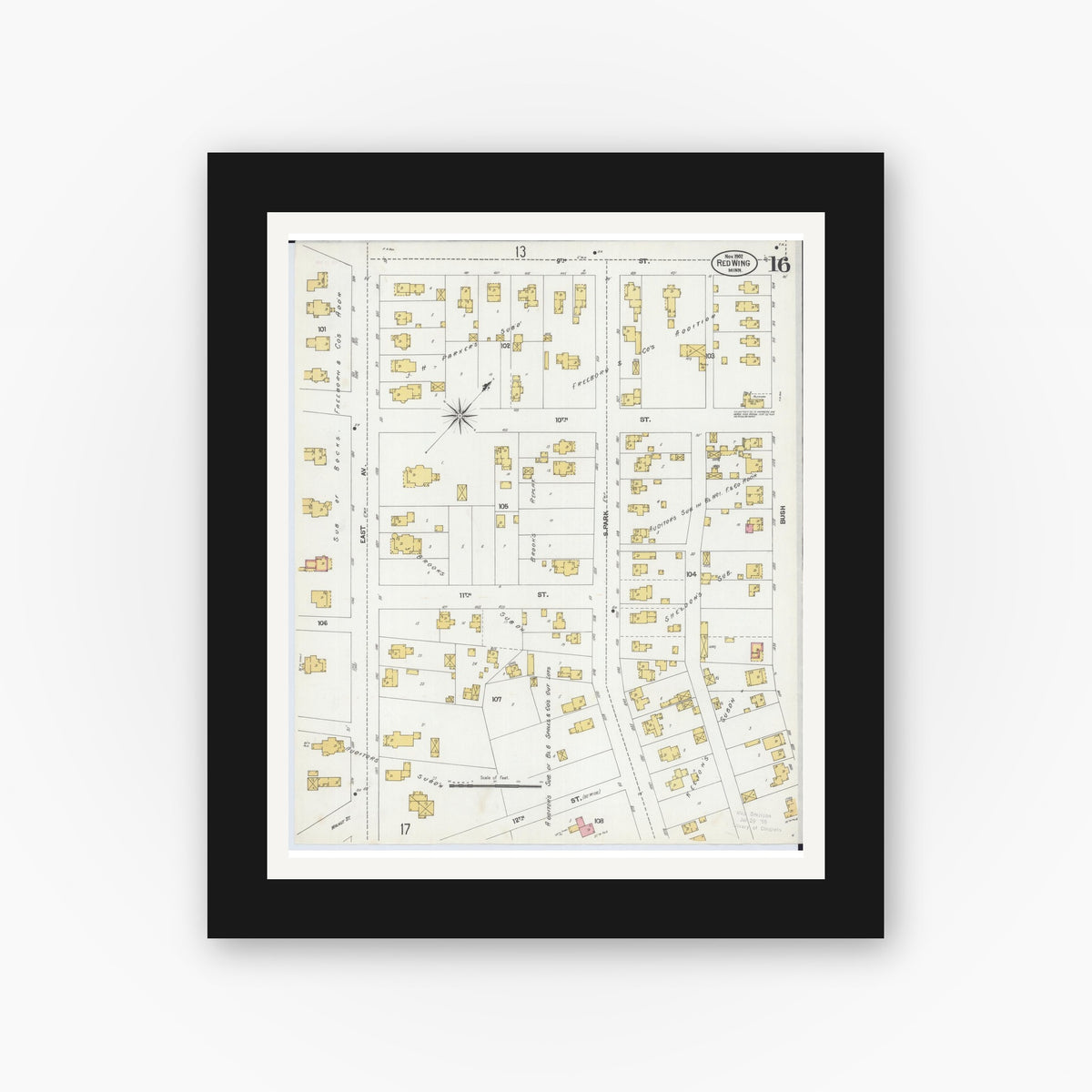 Old map wall art mockup — black gallery frame with white mat — Sanborn Fire Insurance Map from Red Wing, Goodhue County, Minnesota (1902), Sheet #0016