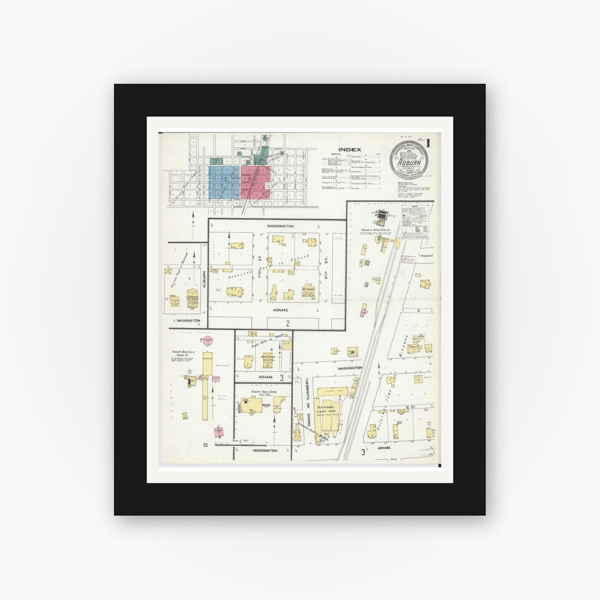Old map wall art mockup — black gallery frame with white mat — Sanborn Fire Insurance Map from Auburn, Sangamon County, Illinois (1909), Sheet #0001