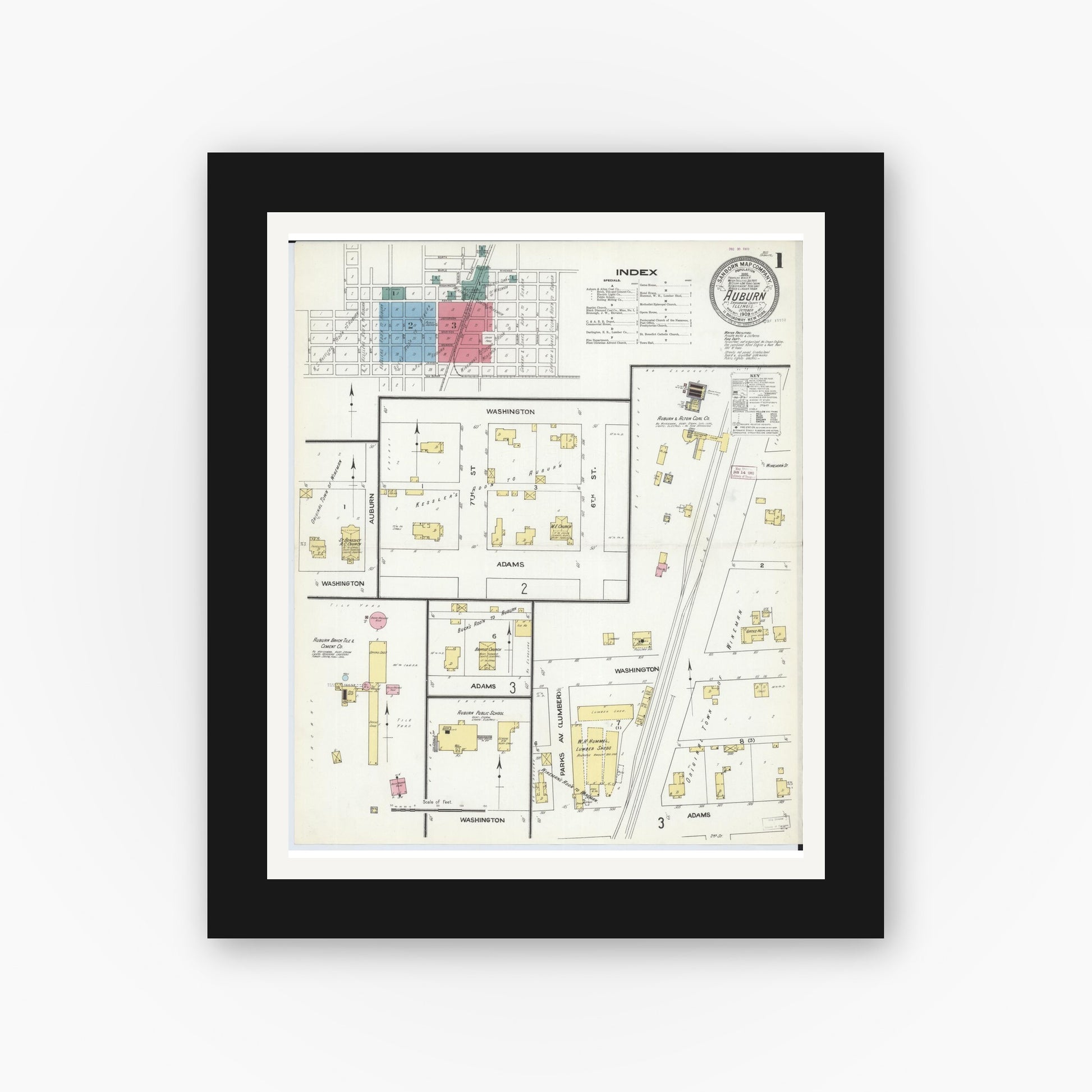 Old map wall art mockup — black gallery frame with white mat — Sanborn Fire Insurance Map from Auburn, Sangamon County, Illinois (1909), Sheet #0001