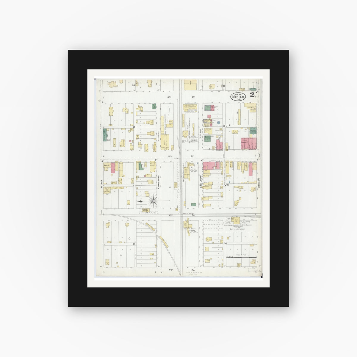 Old map wall art mockup — black gallery frame with white mat — Sanborn Fire Insurance Map from Minier, Tazewell County, Illinois (1906), Sheet #0002