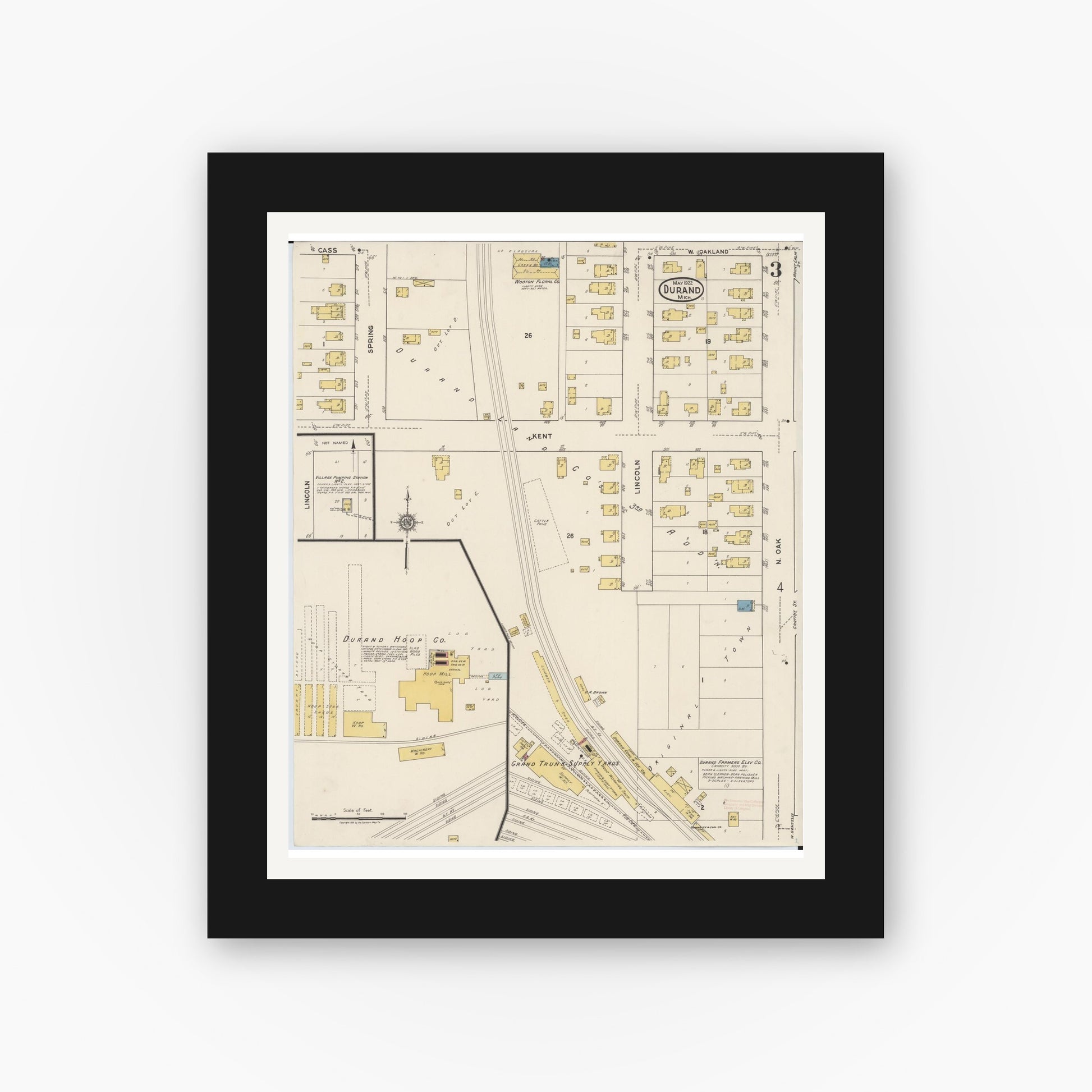 Old map wall art mockup — black gallery frame with white mat — Sanborn Fire Insurance Map from Durand, Shiawassee County, Michigan (1922), Sheet #0003