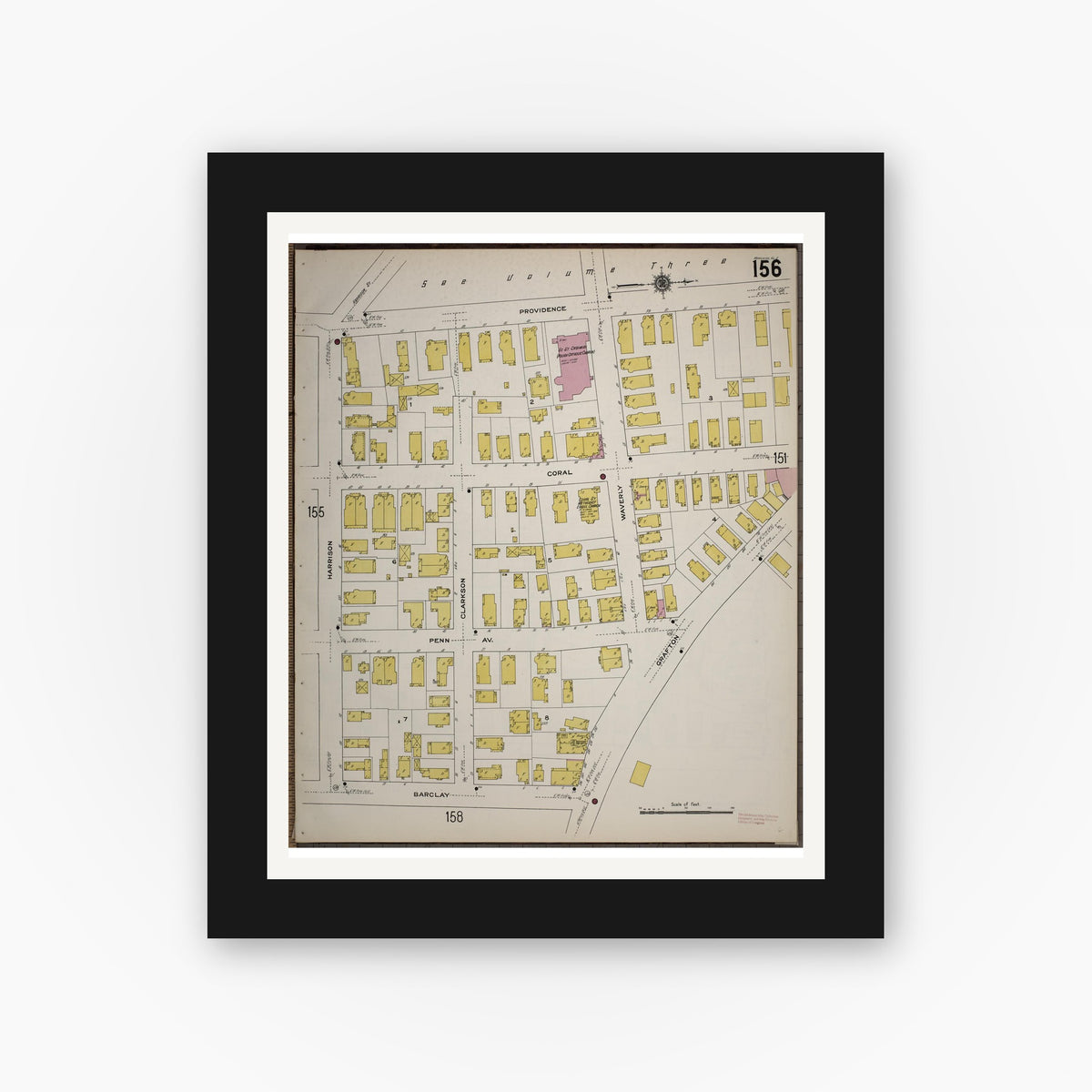 Old map wall art mockup — black gallery frame with white mat — Sanborn Fire Insurance Map from Worcester, Worcester County, Massachusetts (1910), Sheet #0156