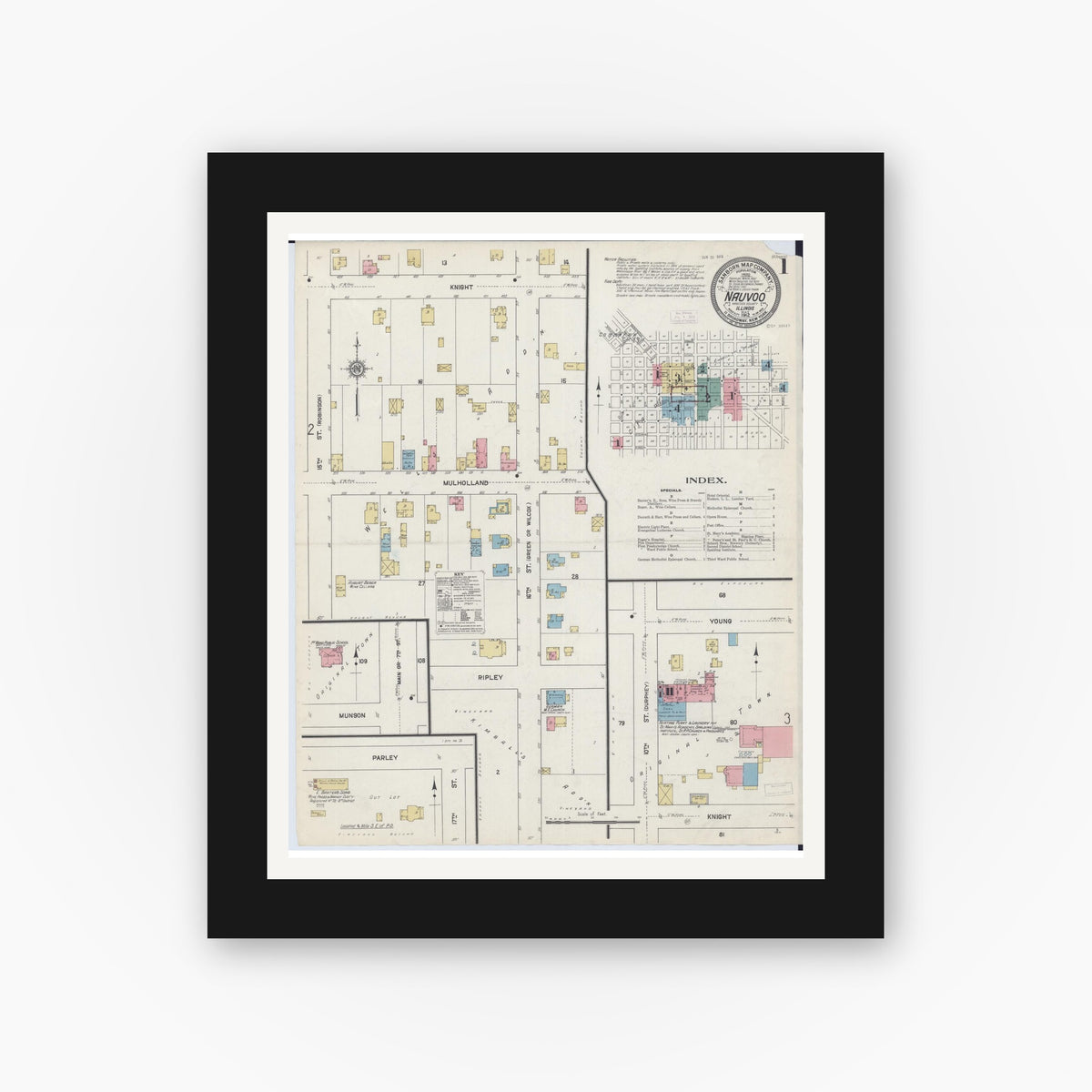 Old map wall art mockup — black gallery frame with white mat — Sanborn Fire Insurance Map from Nauvoo, Hancock County, Illinois (1912) - Complete Map Set