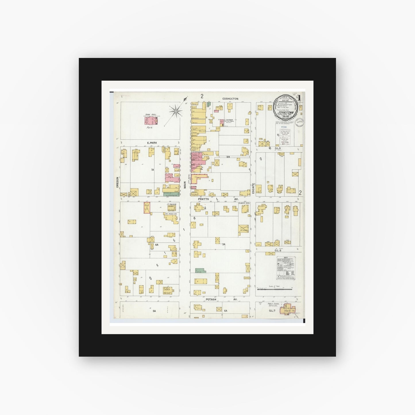 Old map wall art mockup — black gallery frame with white mat — Sanborn Fire Insurance Map from Johnstown, Licking County, Ohio (1900) - Complete Map Set