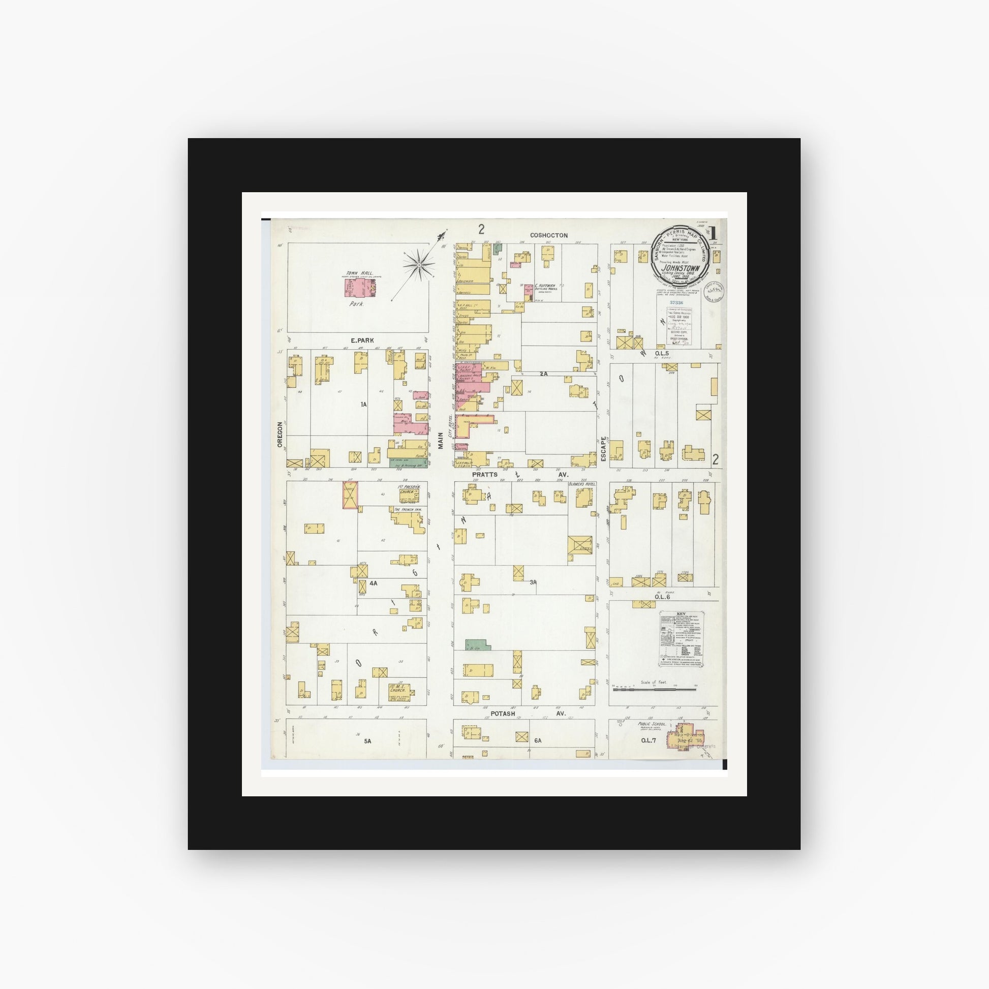 Old map wall art mockup — black gallery frame with white mat — Sanborn Fire Insurance Map from Johnstown, Licking County, Ohio (1900) - Complete Map Set