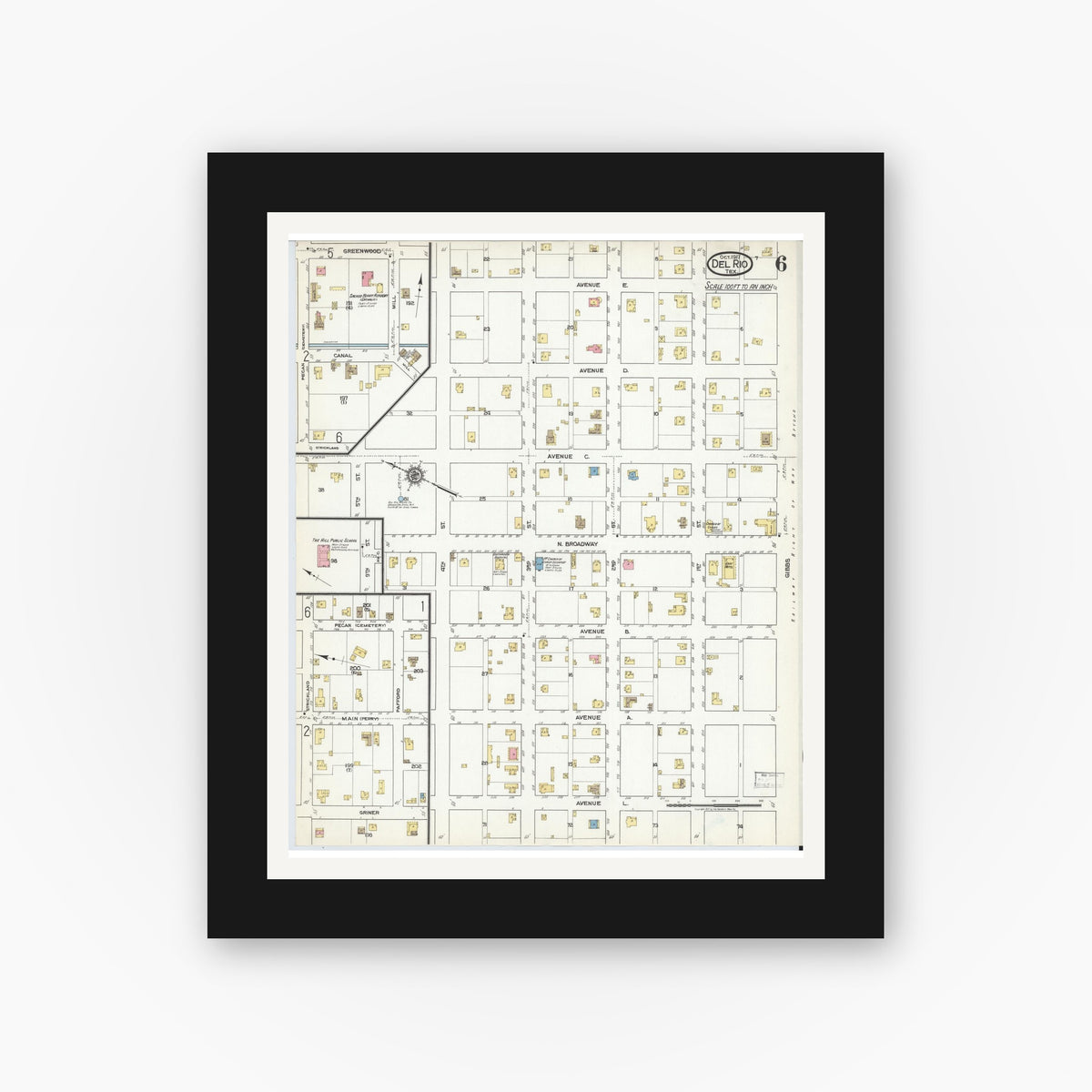 Old map wall art mockup — black gallery frame with white mat — Sanborn Fire Insurance Map from Del Rio, Val Verde County, Texas (1917), Sheet #0006