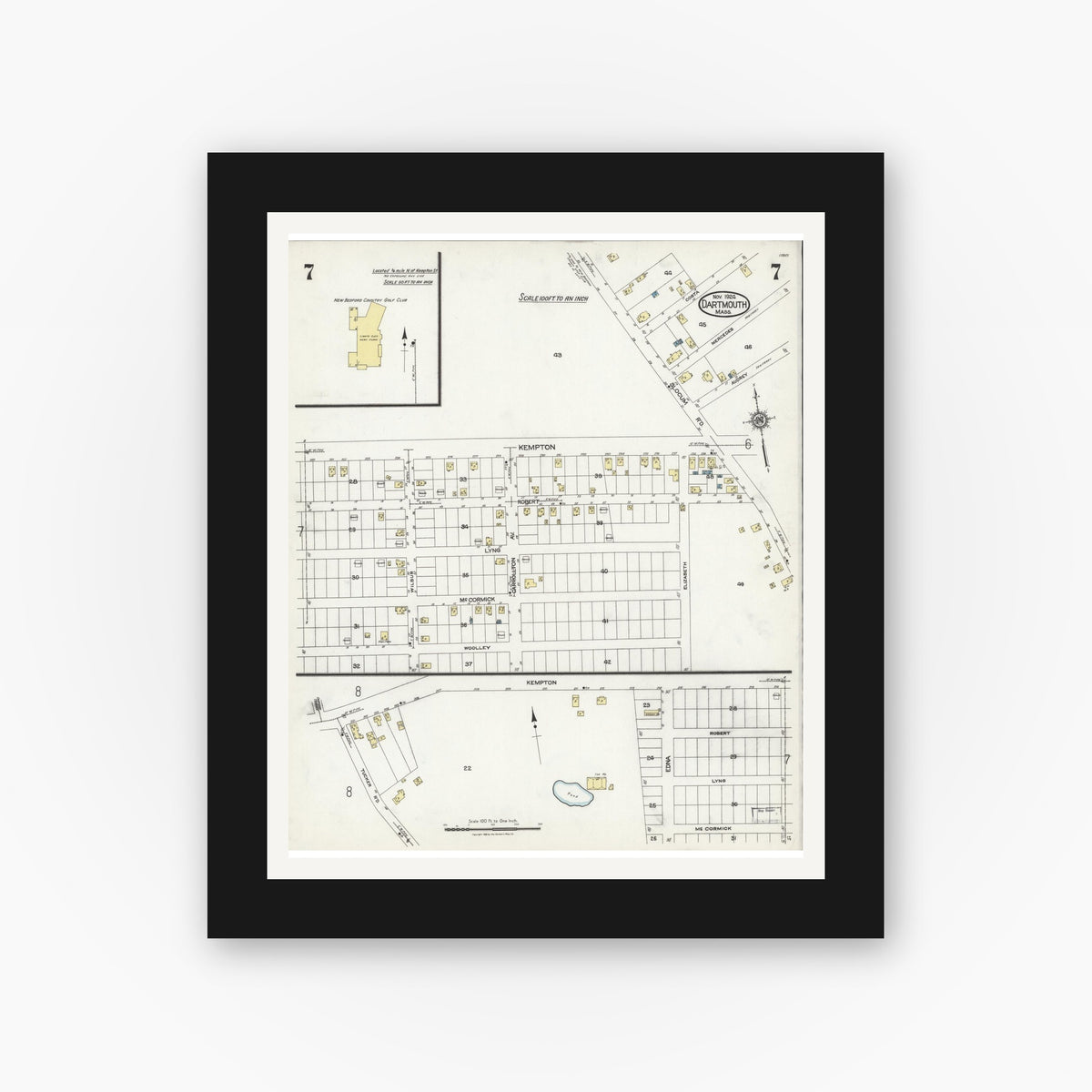 Old map wall art mockup — black gallery frame with white mat — Sanborn Fire Insurance Map from Dartmouth, Bristol County, Massachusetts (1924), Sheet #0007