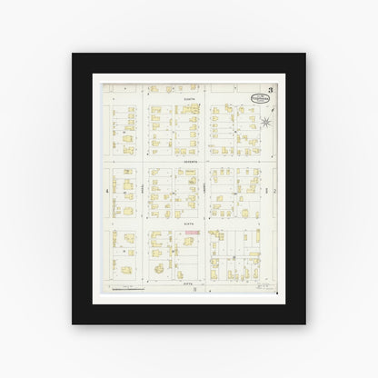 Old map wall art mockup — black gallery frame with white mat — Sanborn Fire Insurance Map from Texarkana, Bowie County, Texas (1896), Sheet #0003