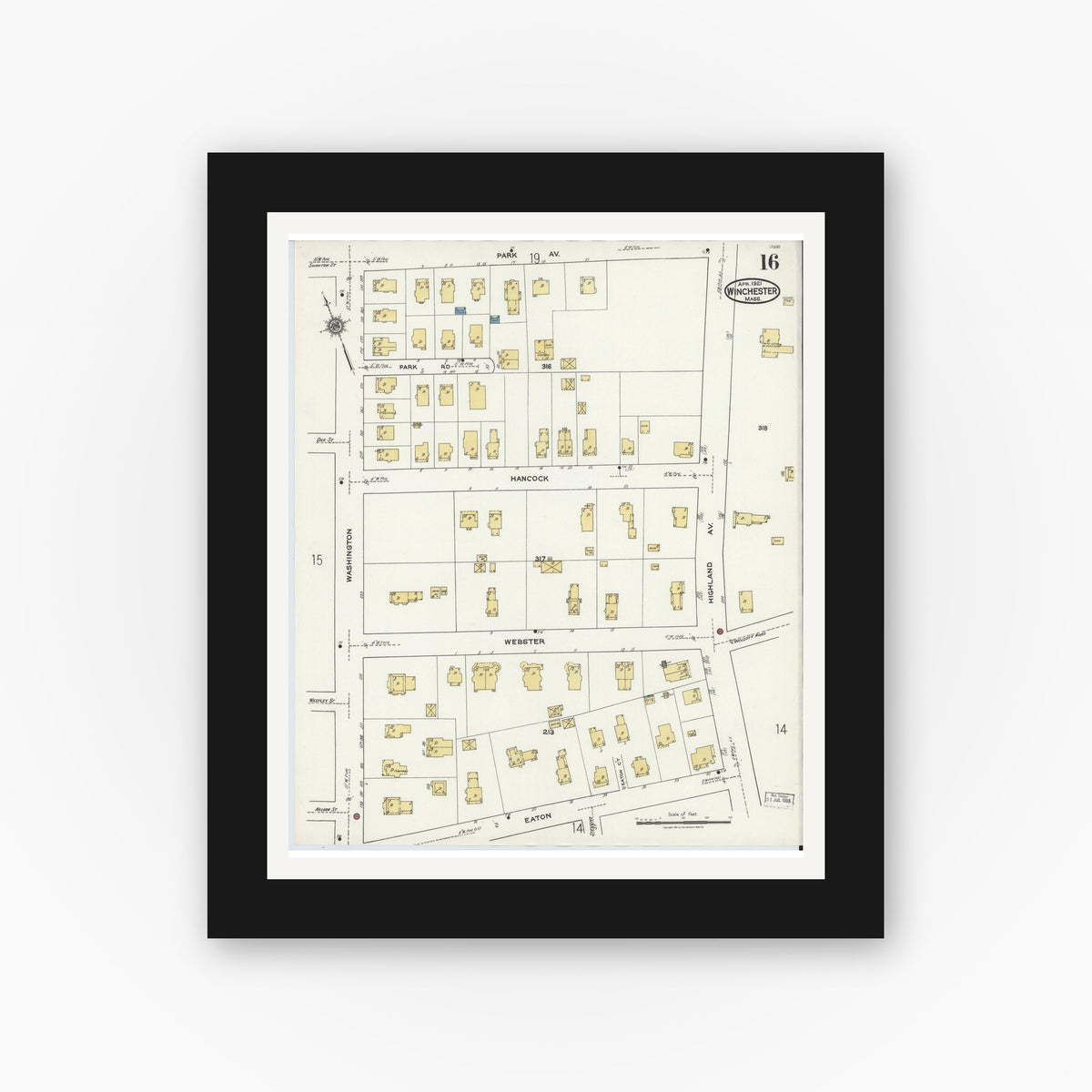 Old map wall art mockup — black gallery frame with white mat — Sanborn Fire Insurance Map from Winchester, Middlesex County, Massachusetts (1921), Sheet #0016