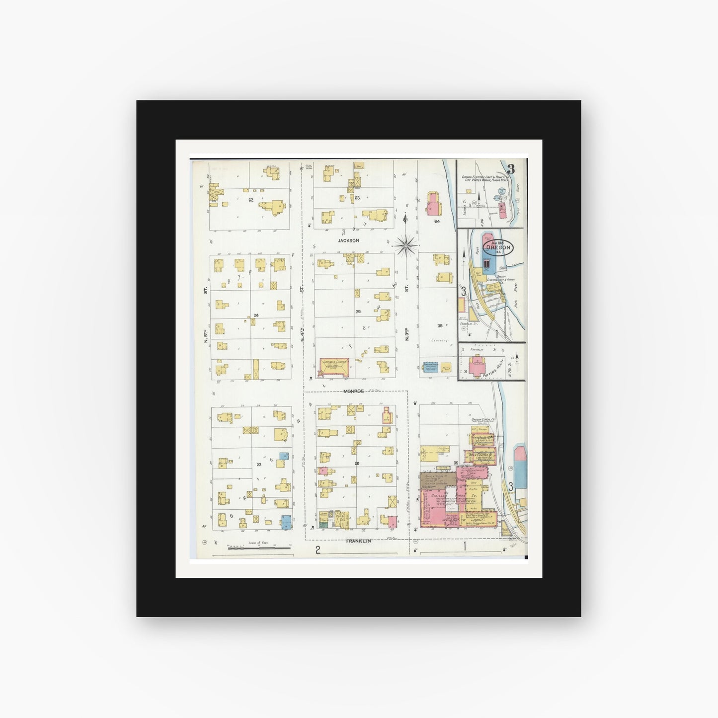 Old map wall art mockup — black gallery frame with white mat — Sanborn Fire Insurance Map from Oregon, Ogle County, Illinois (1905), Sheet #0003