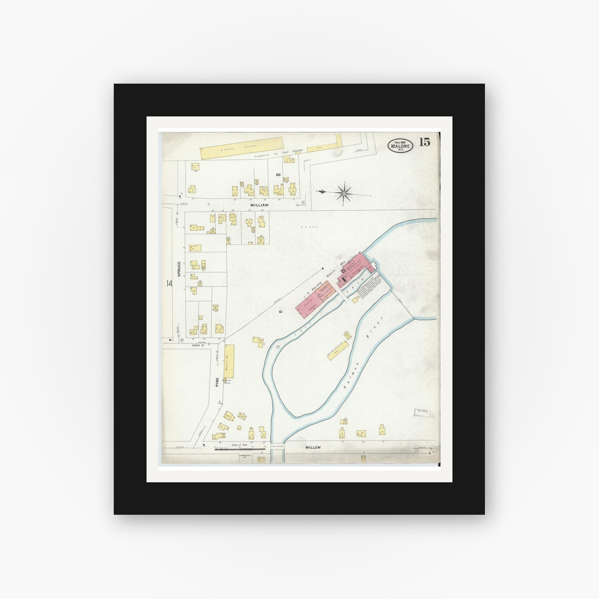 Old map wall art mockup — black gallery frame with white mat — Sanborn Fire Insurance Map from Malone, Franklin County, New York (1908), Sheet #0015