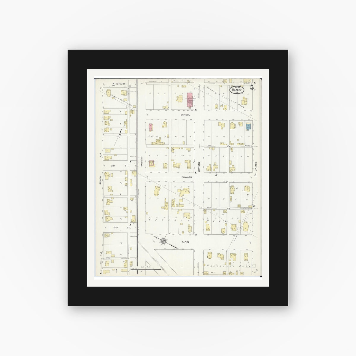 Old map wall art mockup — black gallery frame with white mat — Sanborn Fire Insurance Map from Henry, Marshall County, Illinois (1913), Sheet #0005