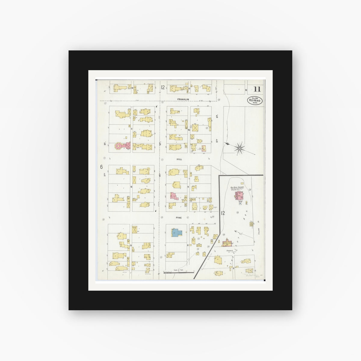 Old map wall art mockup — black gallery frame with white mat — Sanborn Fire Insurance Map from Red Wing, Goodhue County, Minnesota (1902), Sheet #0011