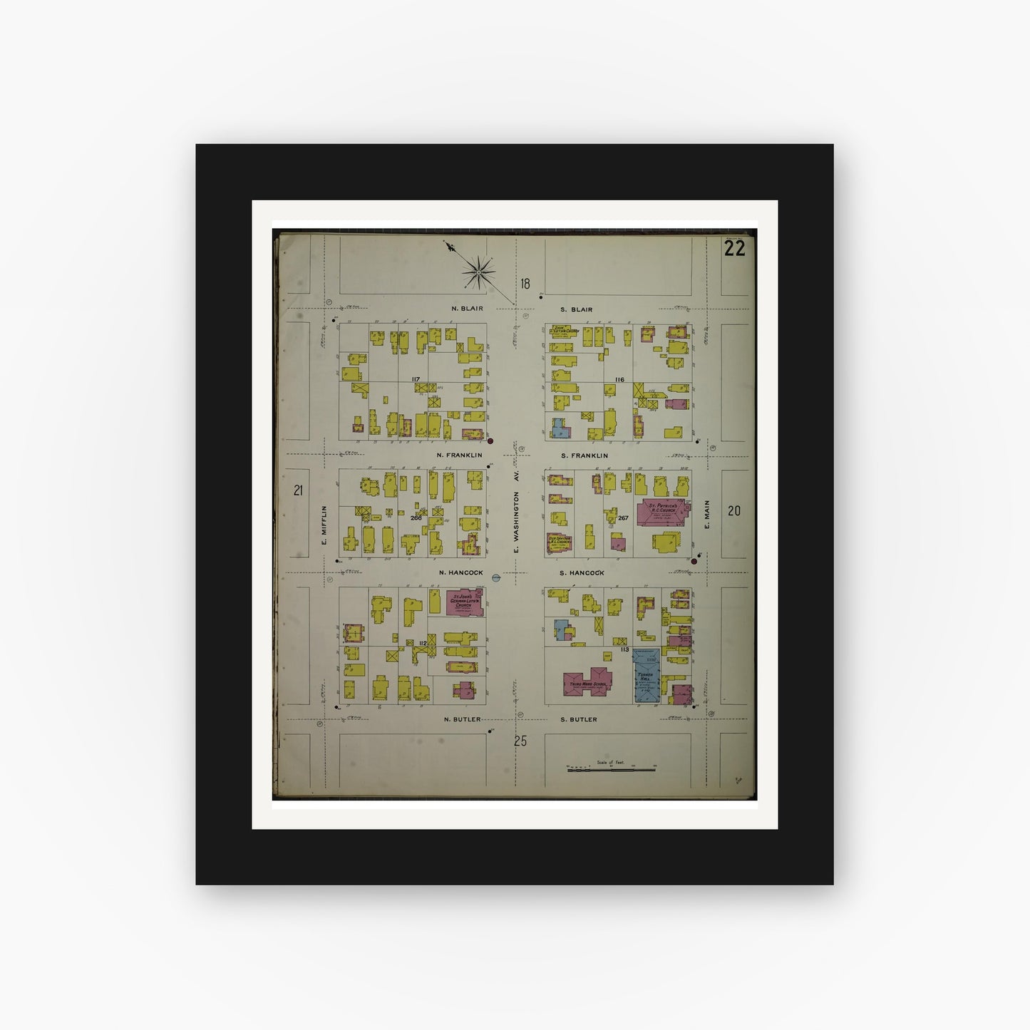 Old map wall art mockup — black gallery frame with white mat — Sanborn Fire Insurance Map from Madison, Dane County, Wisconsin (1908), Sheet #0022