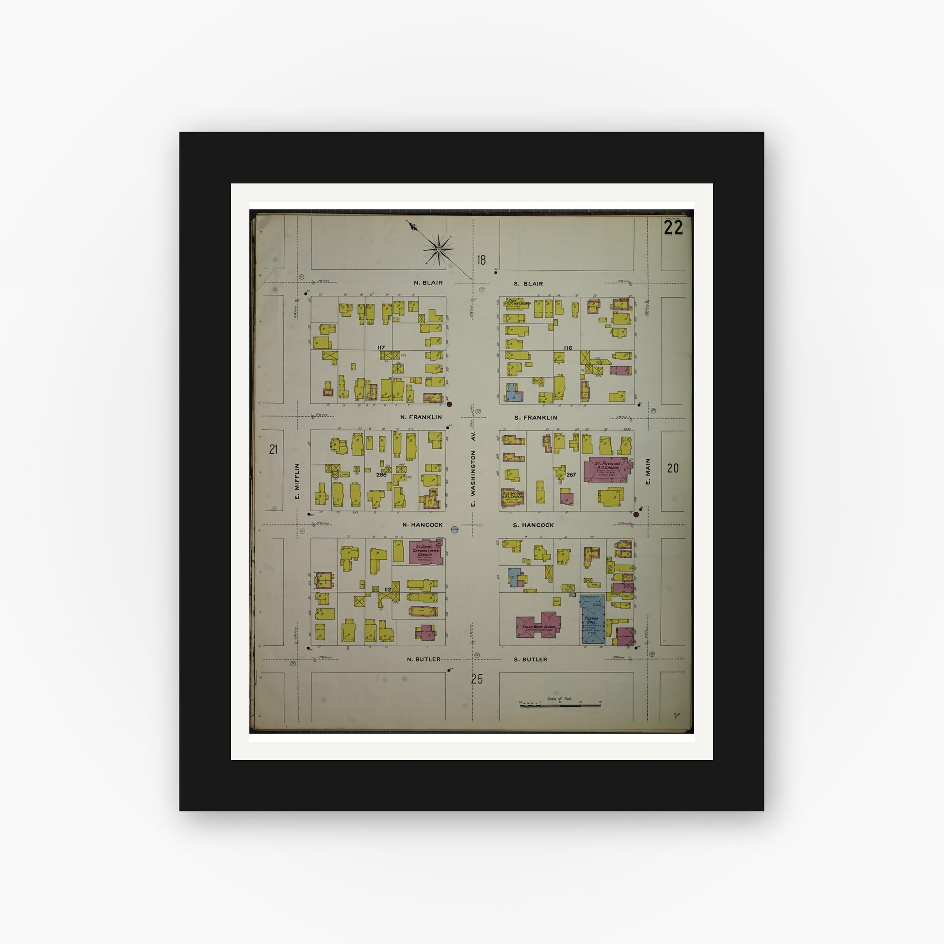 Old map wall art mockup — black gallery frame with white mat — Sanborn Fire Insurance Map from Madison, Dane County, Wisconsin (1908), Sheet #0022