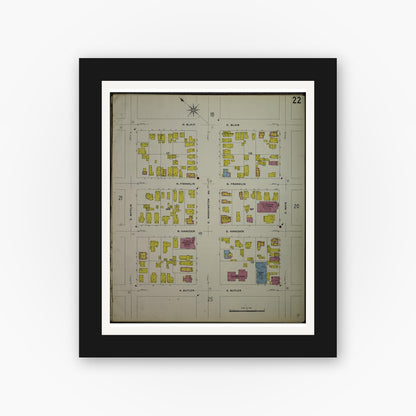 Old map wall art mockup — black gallery frame with white mat — Sanborn Fire Insurance Map from Madison, Dane County, Wisconsin (1908), Sheet #0022