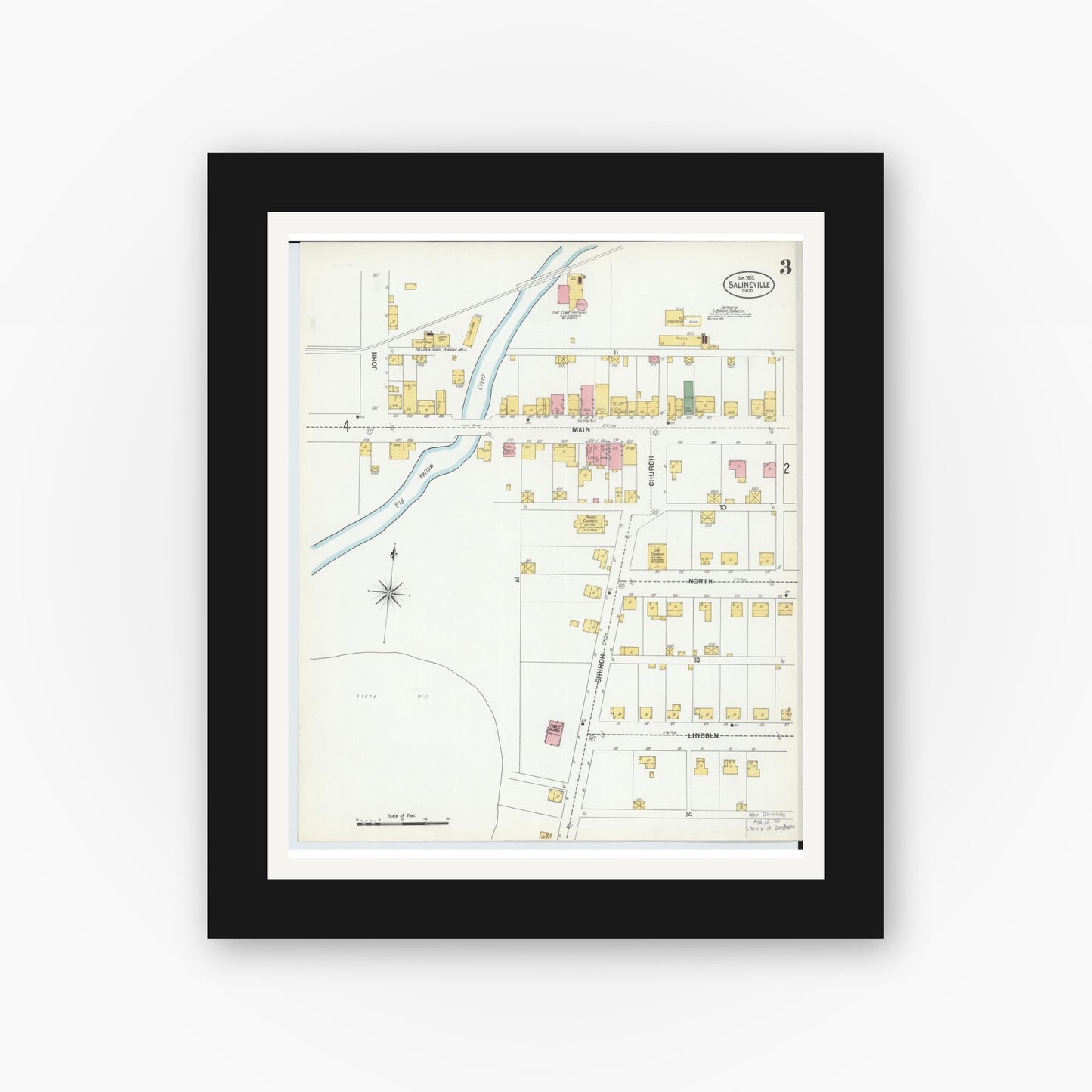 Old map wall art mockup — black gallery frame with white mat — Sanborn Fire Insurance Map from Salineville, Columbiana County, Ohio (1902), Sheet #0003