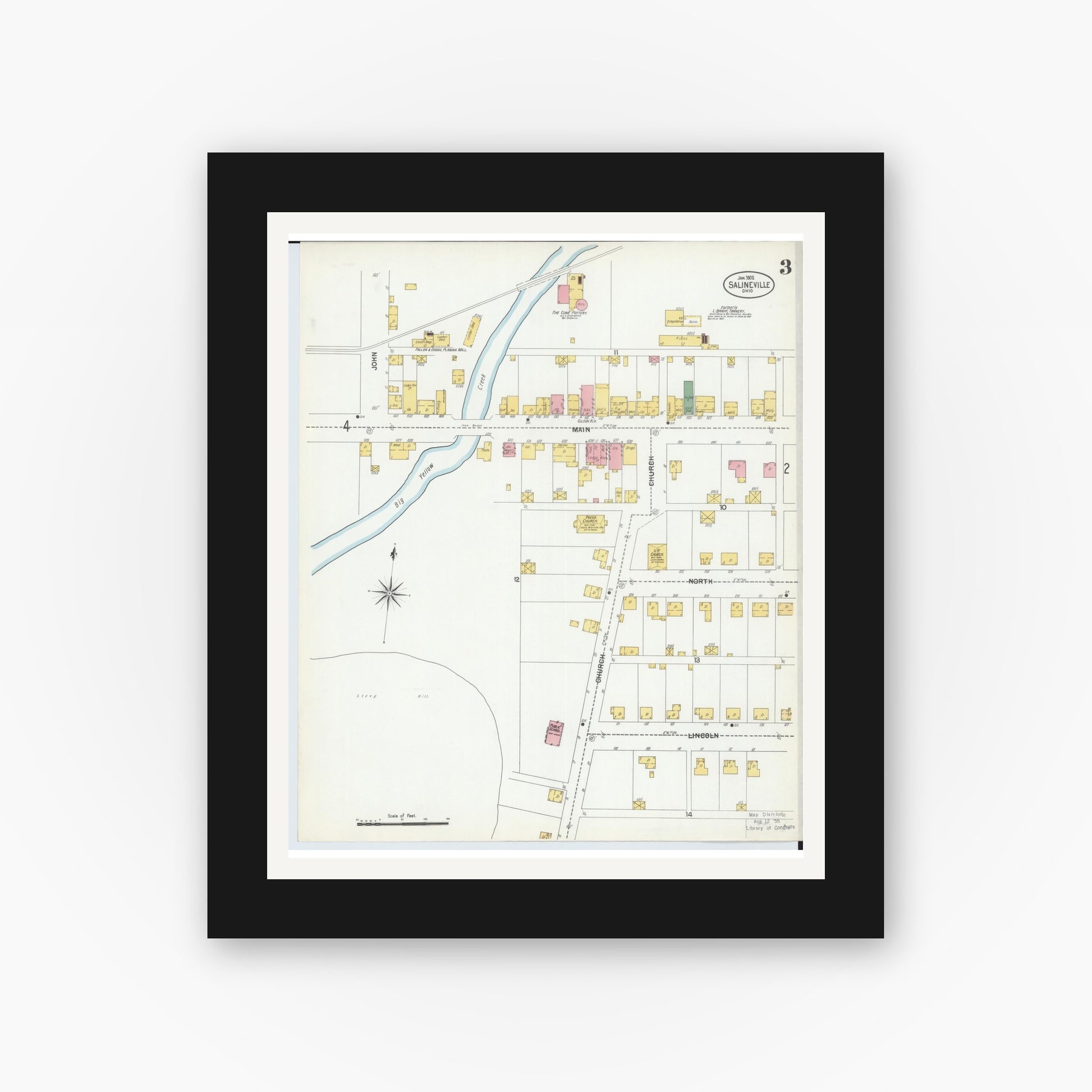 Old map wall art mockup — black gallery frame with white mat — Sanborn Fire Insurance Map from Salineville, Columbiana County, Ohio (1902), Sheet #0003
