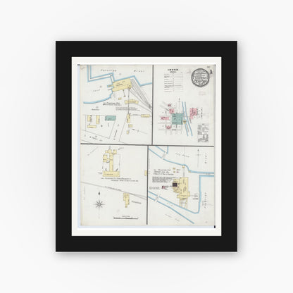 Old map wall art mockup — black gallery frame with white mat — Sanborn Fire Insurance Map from Peshtigo, Marinette County, Wisconsin (1893) - Complete Map Set