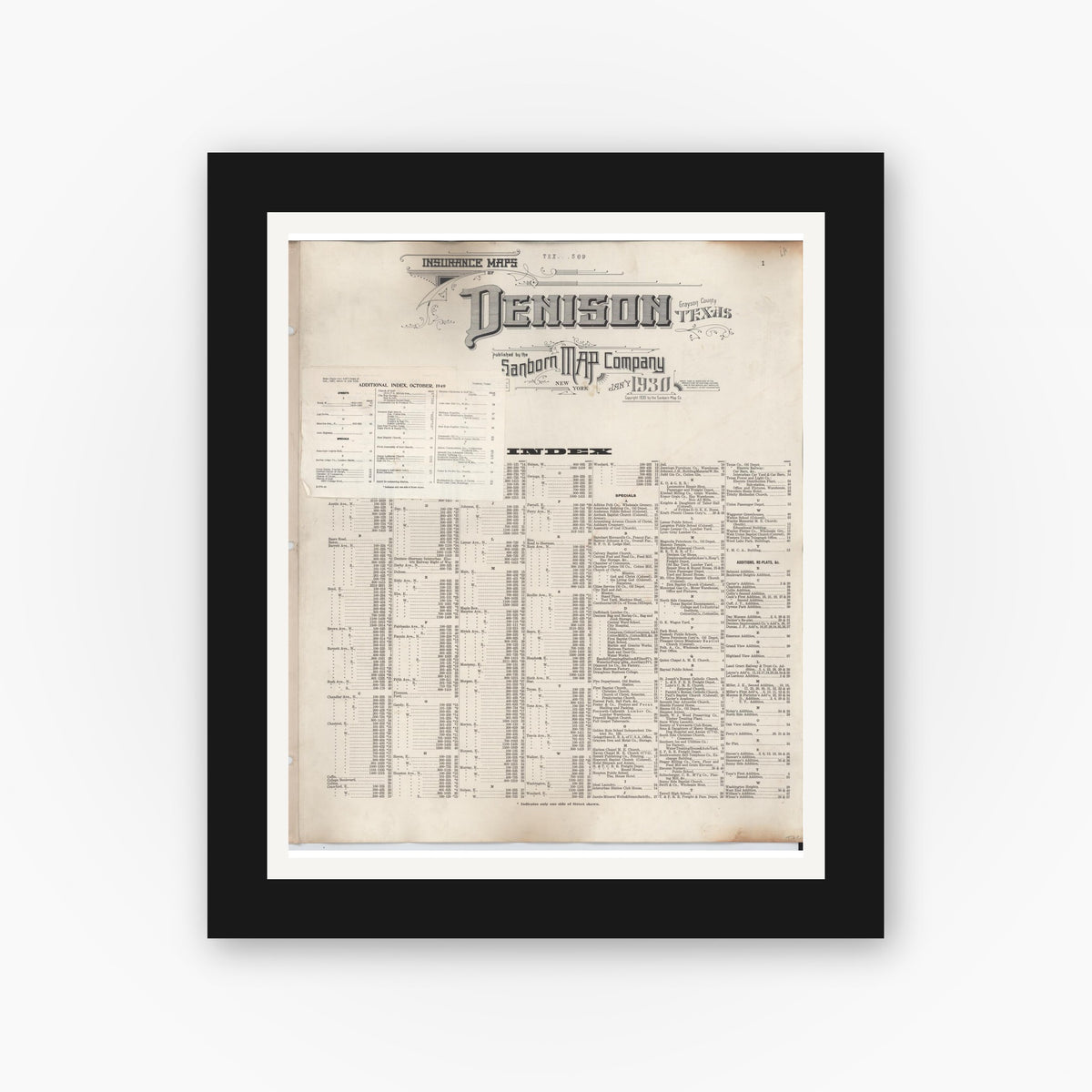 Old map wall art mockup — black gallery frame with white mat — Sanborn Fire Insurance Map from Denison, Grayson County, Texas (1949), Sheet #0001