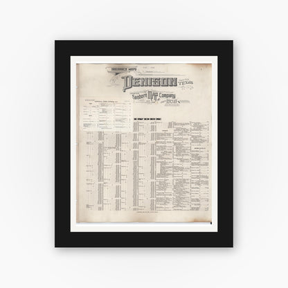Old map wall art mockup — black gallery frame with white mat — Sanborn Fire Insurance Map from Denison, Grayson County, Texas (1949), Sheet #0001