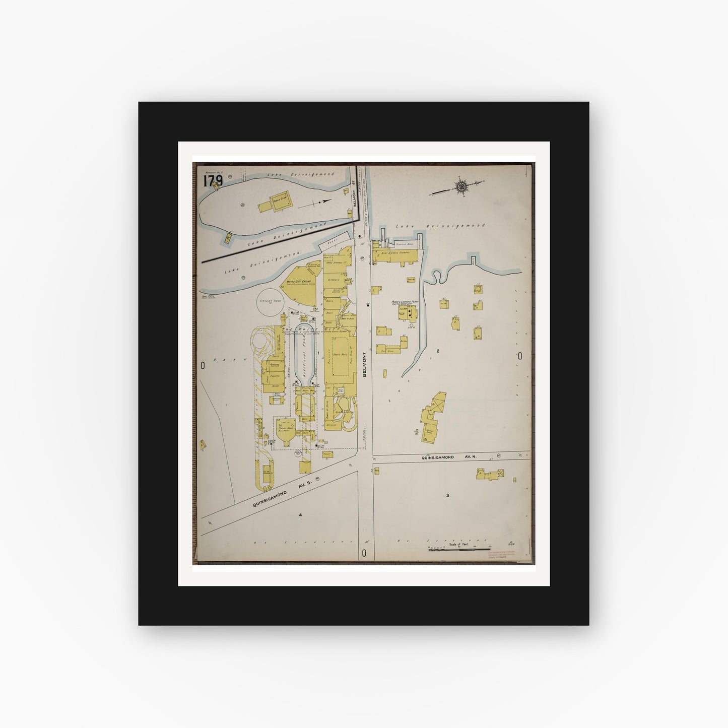 Old map wall art mockup — black gallery frame with white mat — Sanborn Fire Insurance Map from Worcester, Worcester County, Massachusetts (1910), Sheet #0179