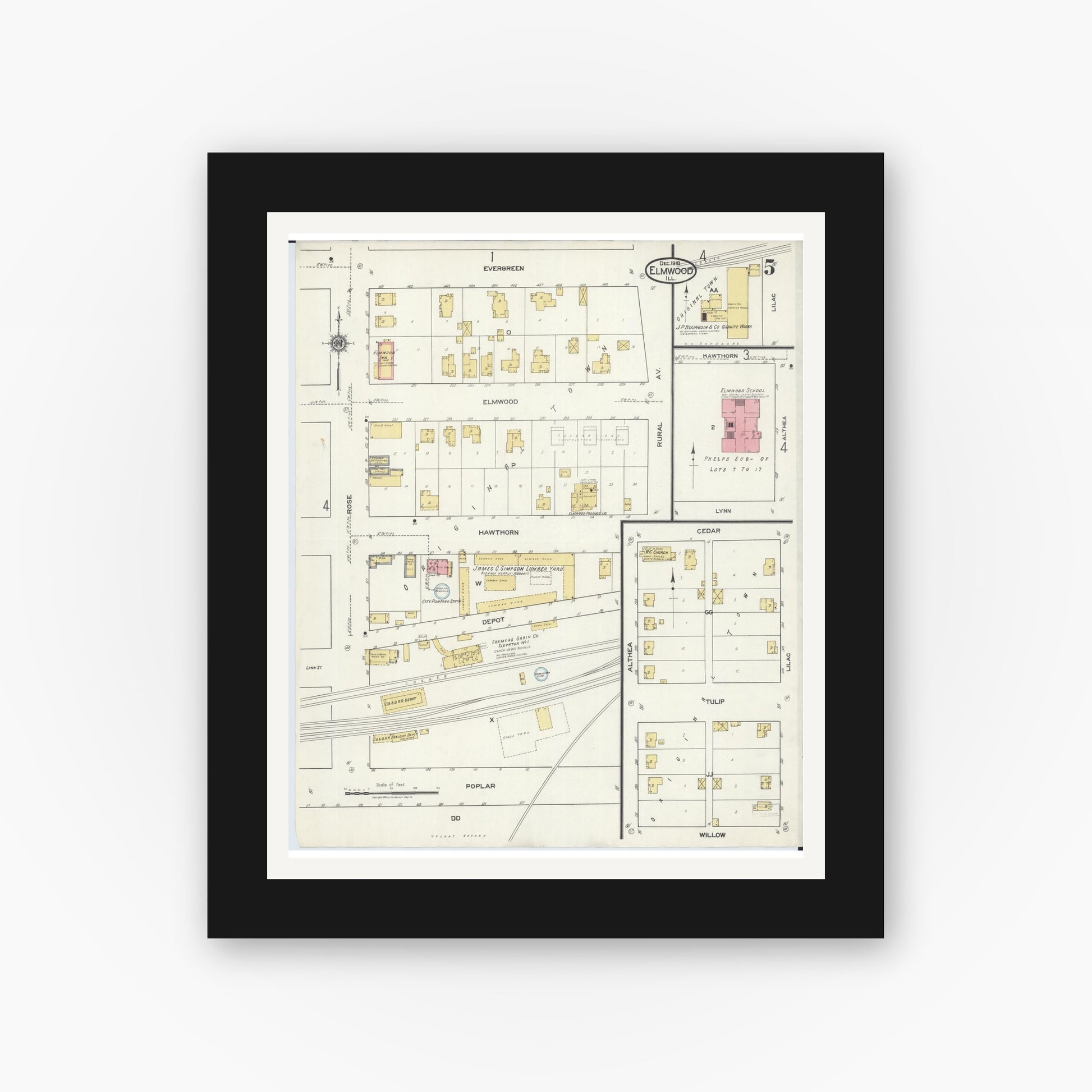 Old map wall art mockup — black gallery frame with white mat — Sanborn Fire Insurance Map from Elmwood, Peoria County, Illinois (1918), Sheet #0005