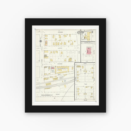 Old map wall art mockup — black gallery frame with white mat — Sanborn Fire Insurance Map from Elmwood, Peoria County, Illinois (1918), Sheet #0005