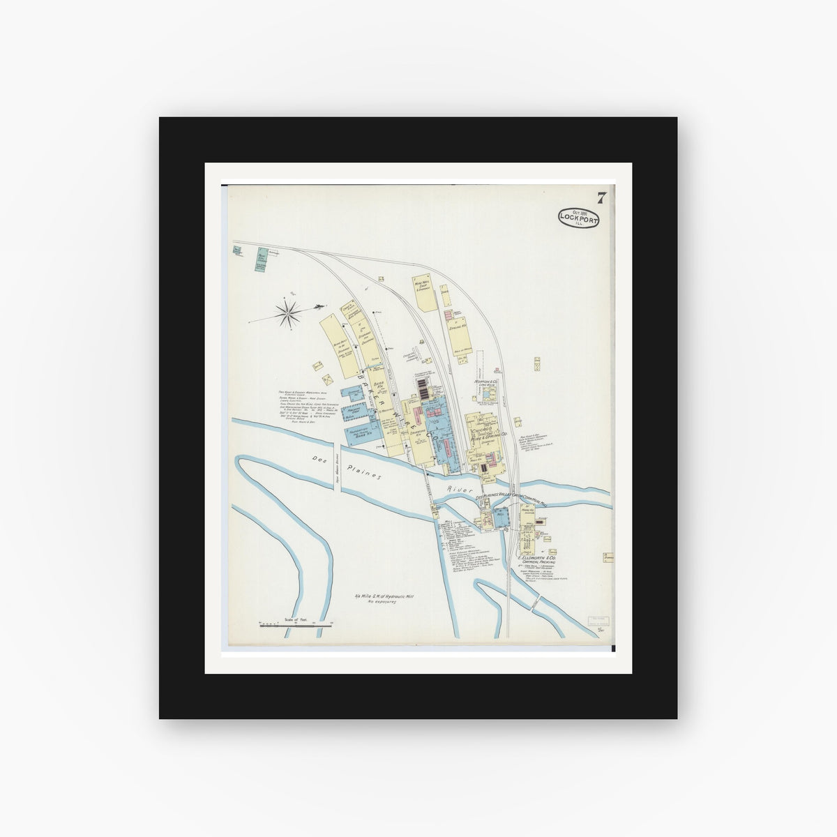 Old map wall art mockup — black gallery frame with white mat — Sanborn Fire Insurance Map from Lockport, Will County, Illinois (1891), Sheet #0007