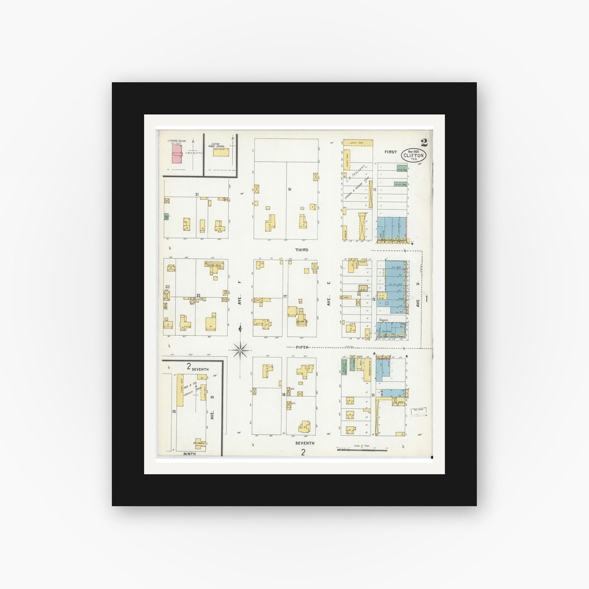 Old map wall art mockup — black gallery frame with white mat — Sanborn Fire Insurance Map from Clifton, Bosque County, Texas (1900), Sheet #0002