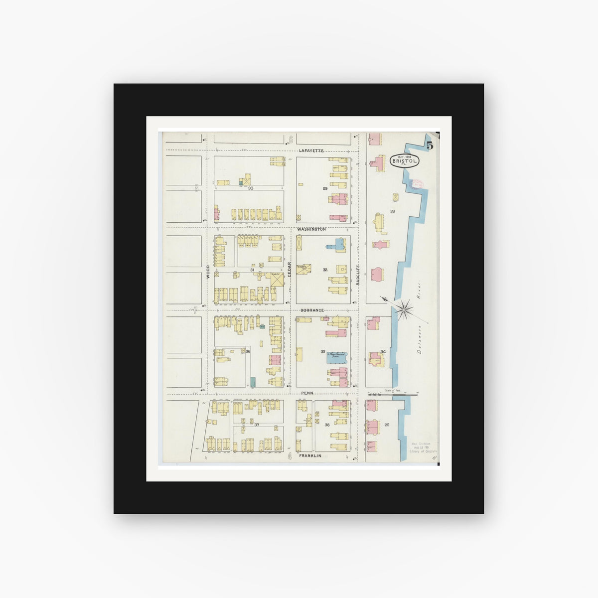 Old map wall art mockup — black gallery frame with white mat — Sanborn Fire Insurance Map from Bristol, Bucks County, Pennsylvania (1894), Sheet #0005