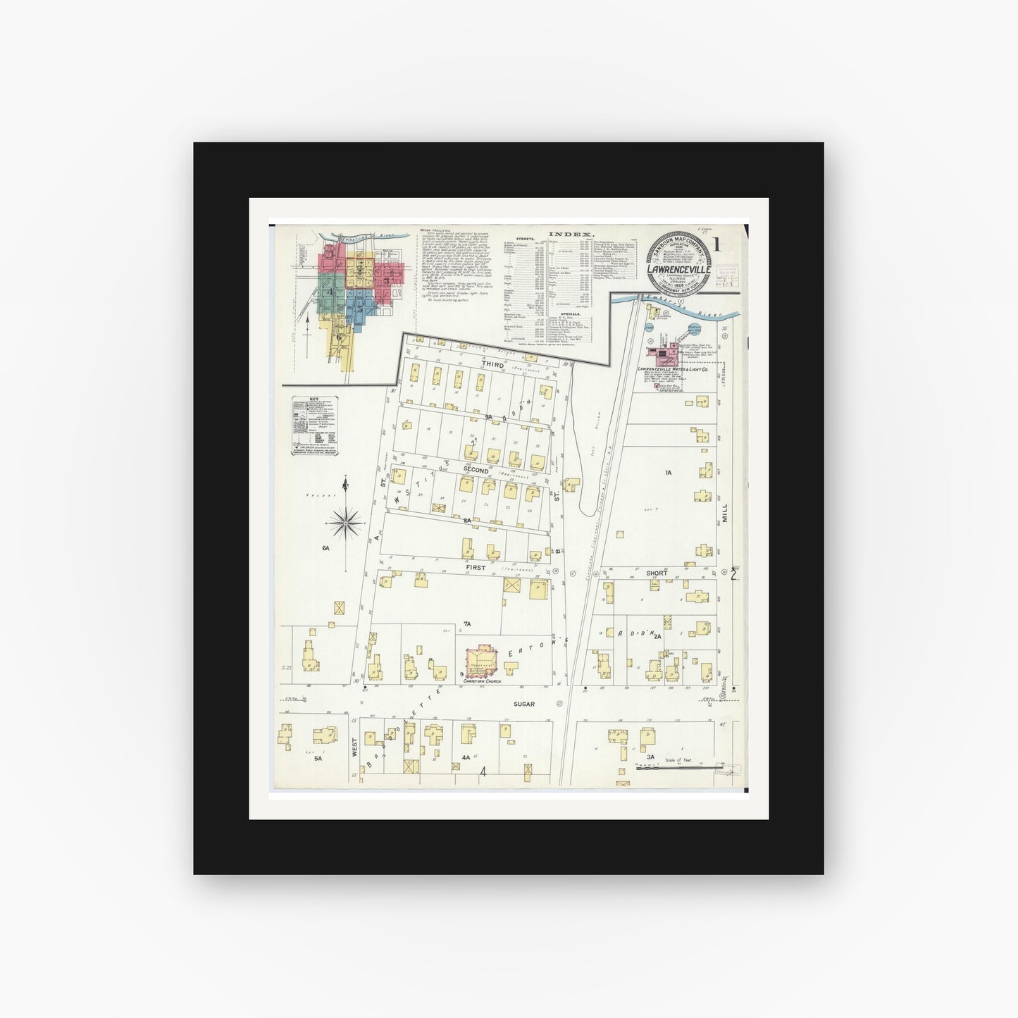 Old map wall art mockup — black gallery frame with white mat — Sanborn Fire Insurance Map from Lawrenceville, Lawrence County, Illinois (1908) - Complete Map Set
