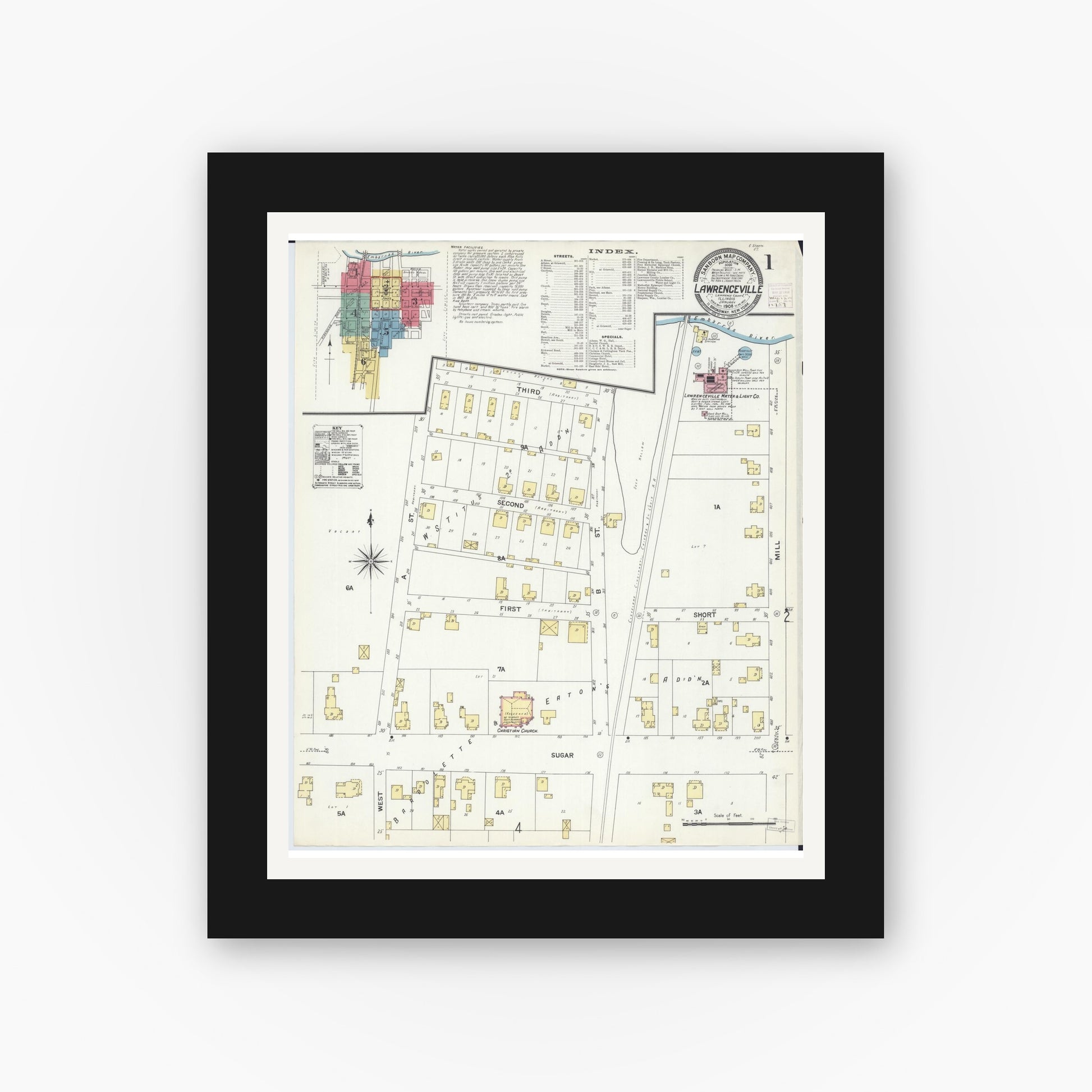 Old map wall art mockup — black gallery frame with white mat — Sanborn Fire Insurance Map from Lawrenceville, Lawrence County, Illinois (1908) - Complete Map Set
