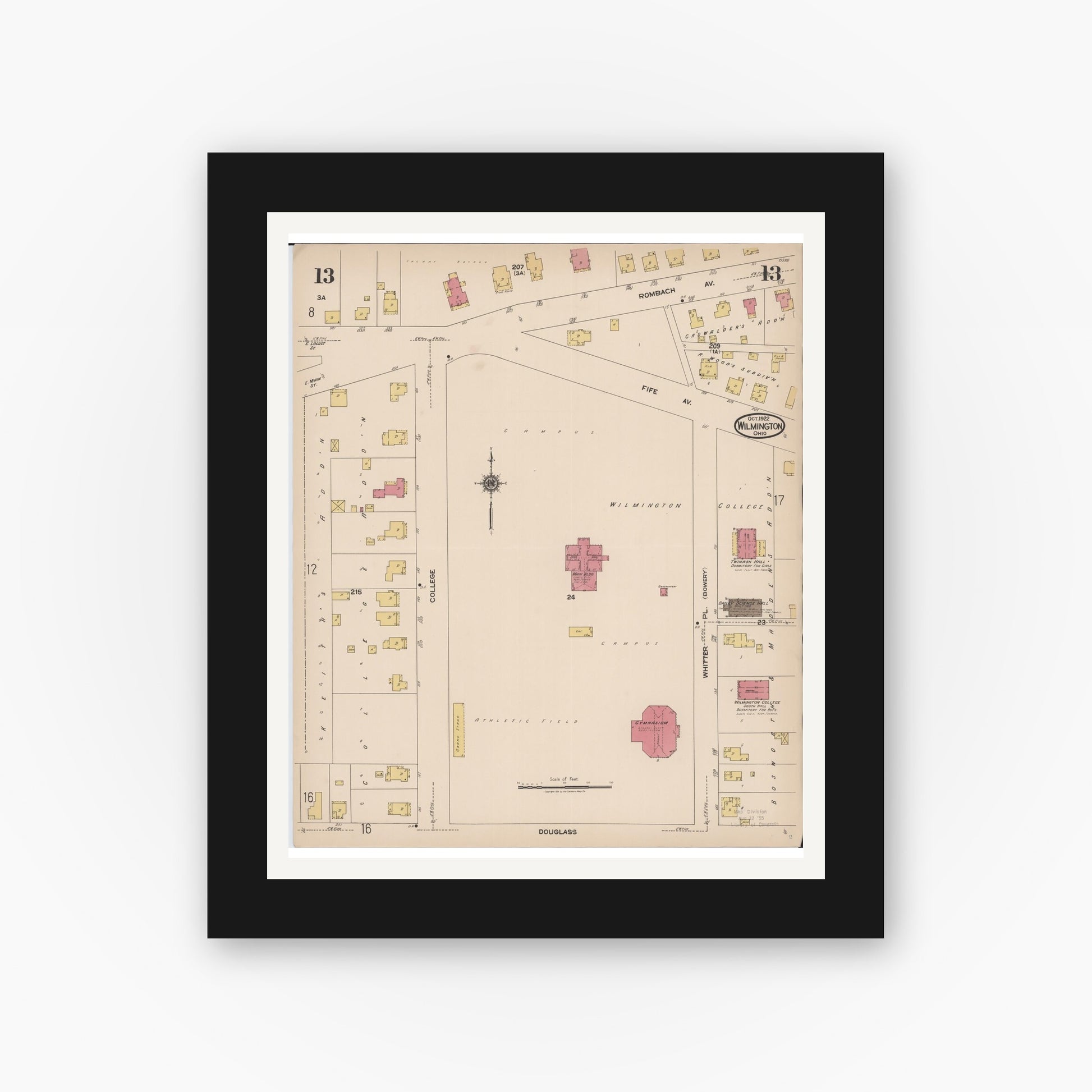 Old map wall art mockup — black gallery frame with white mat — Sanborn Fire Insurance Map from Wilmington, Clinton County, Ohio (1922), Sheet #0013