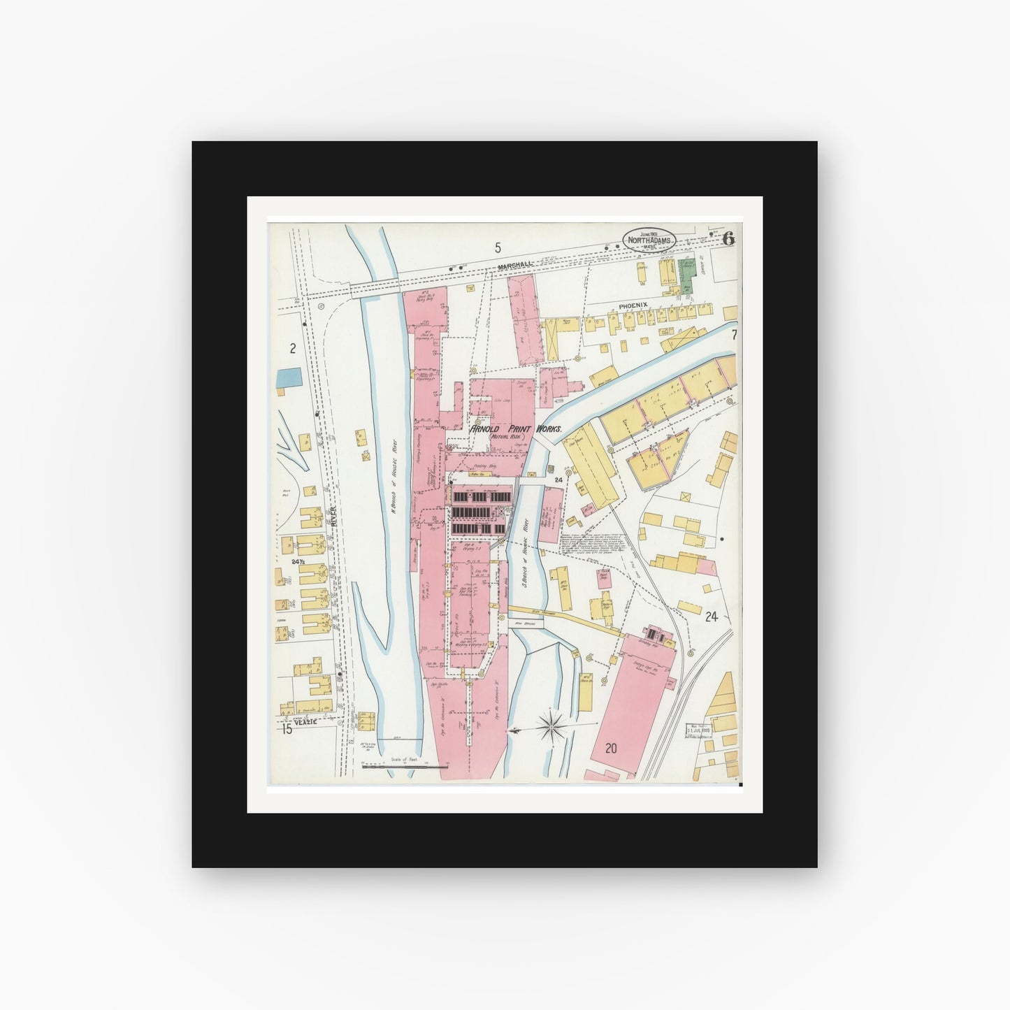 Old map wall art mockup — black gallery frame with white mat — Sanborn Fire Insurance Map from North Adams, Berkshire County, Massachusetts (1901), Sheet #0006