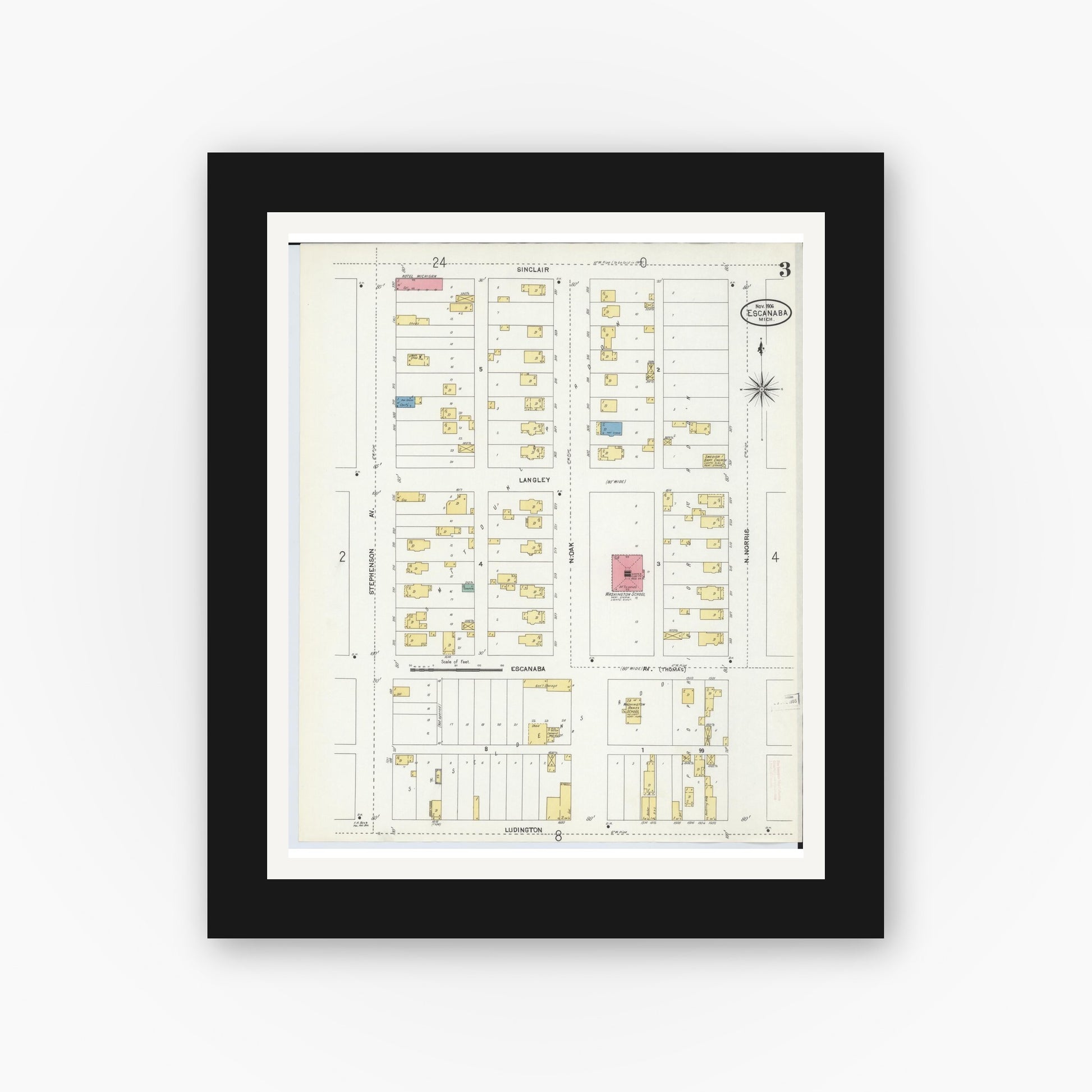 Old map wall art mockup — black gallery frame with white mat — Sanborn Fire Insurance Map from Escanaba, Delta County, Michigan (1906), Sheet #0003