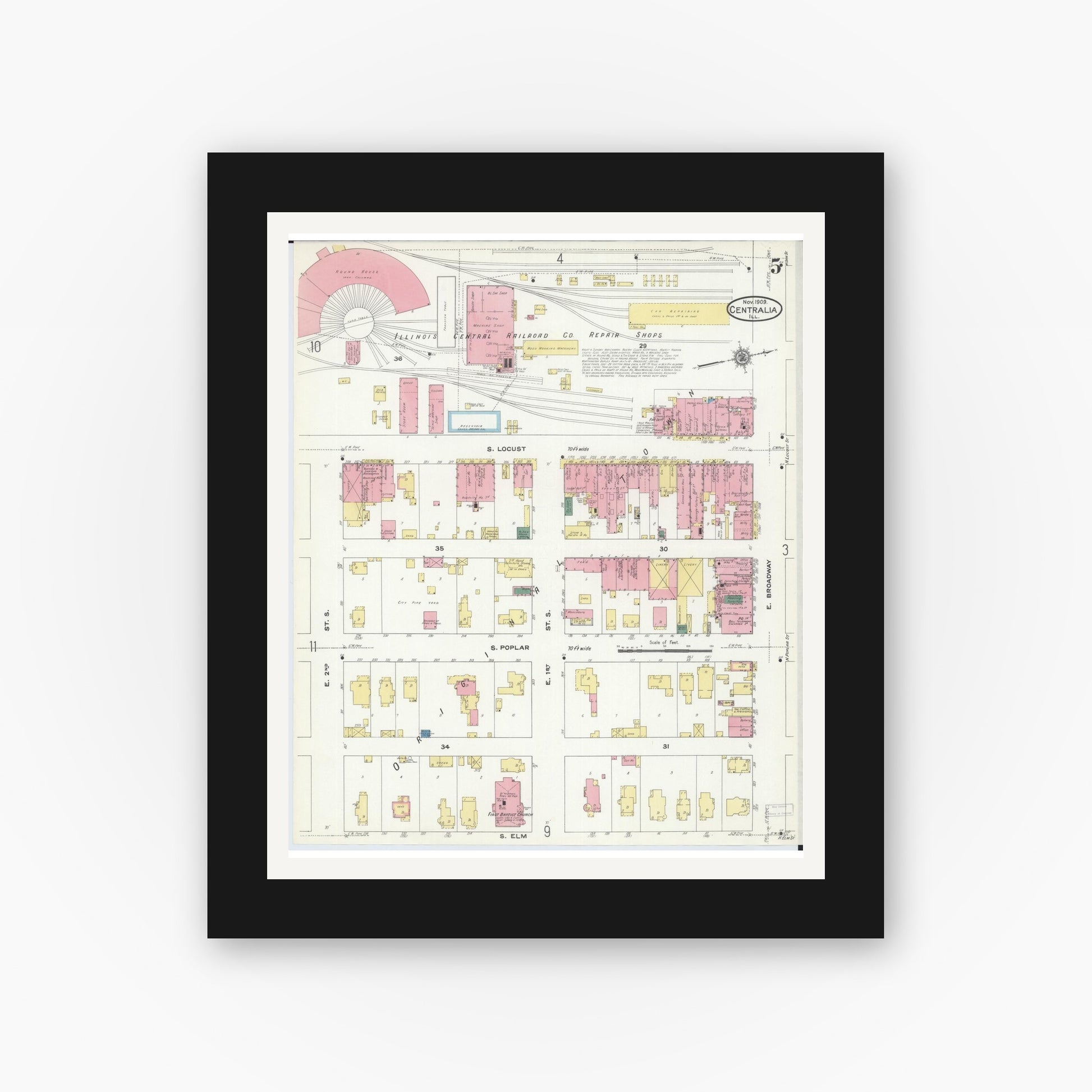 Old map wall art mockup — black gallery frame with white mat — Sanborn Fire Insurance Map from Centralia, Marion, Clinton, Jefferson, and Washington Counties, Illinois (1909), Sheet #0005