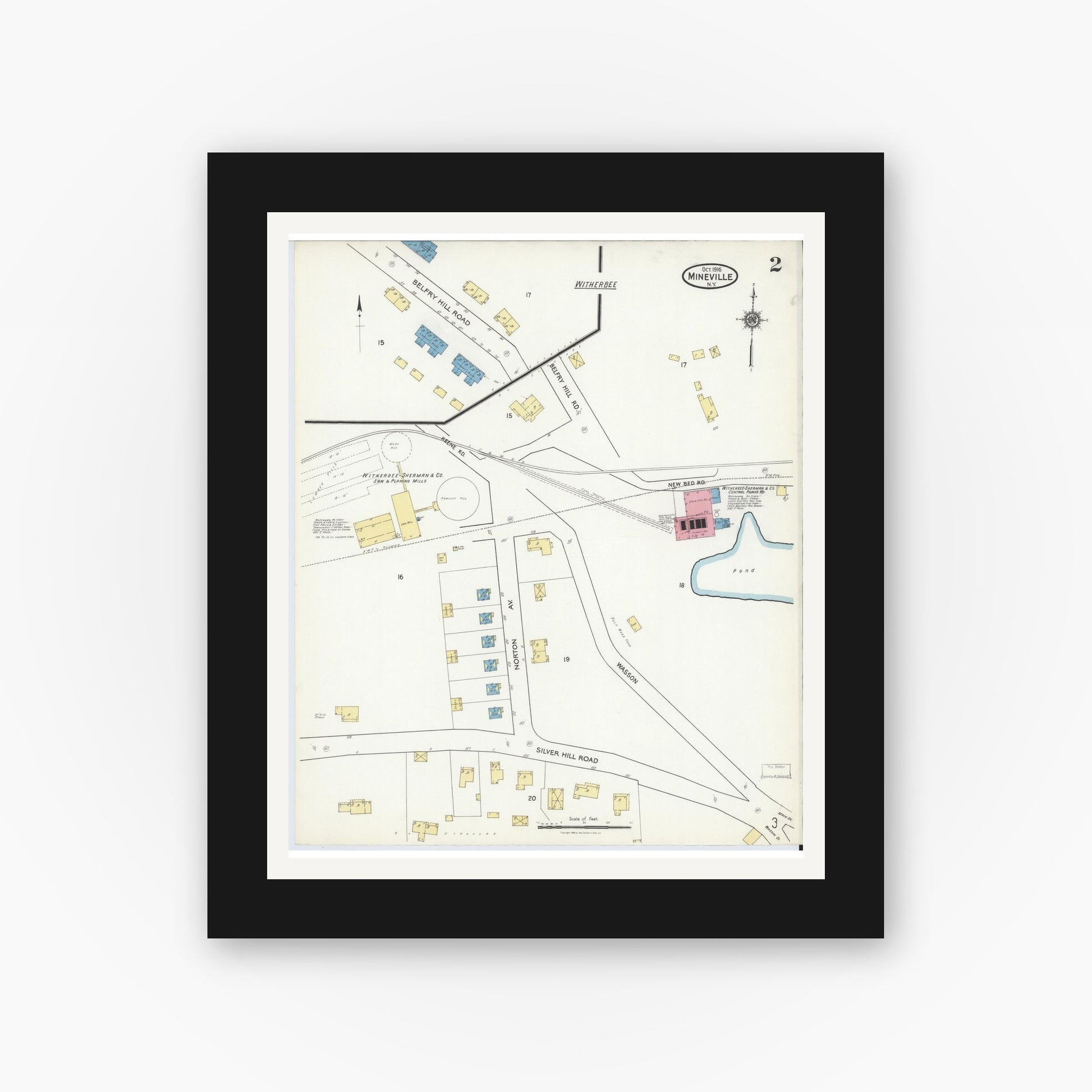Old map wall art mockup — black gallery frame with white mat — Sanborn Fire Insurance Map from Mineville, Essex County, New York (1916), Sheet #0002