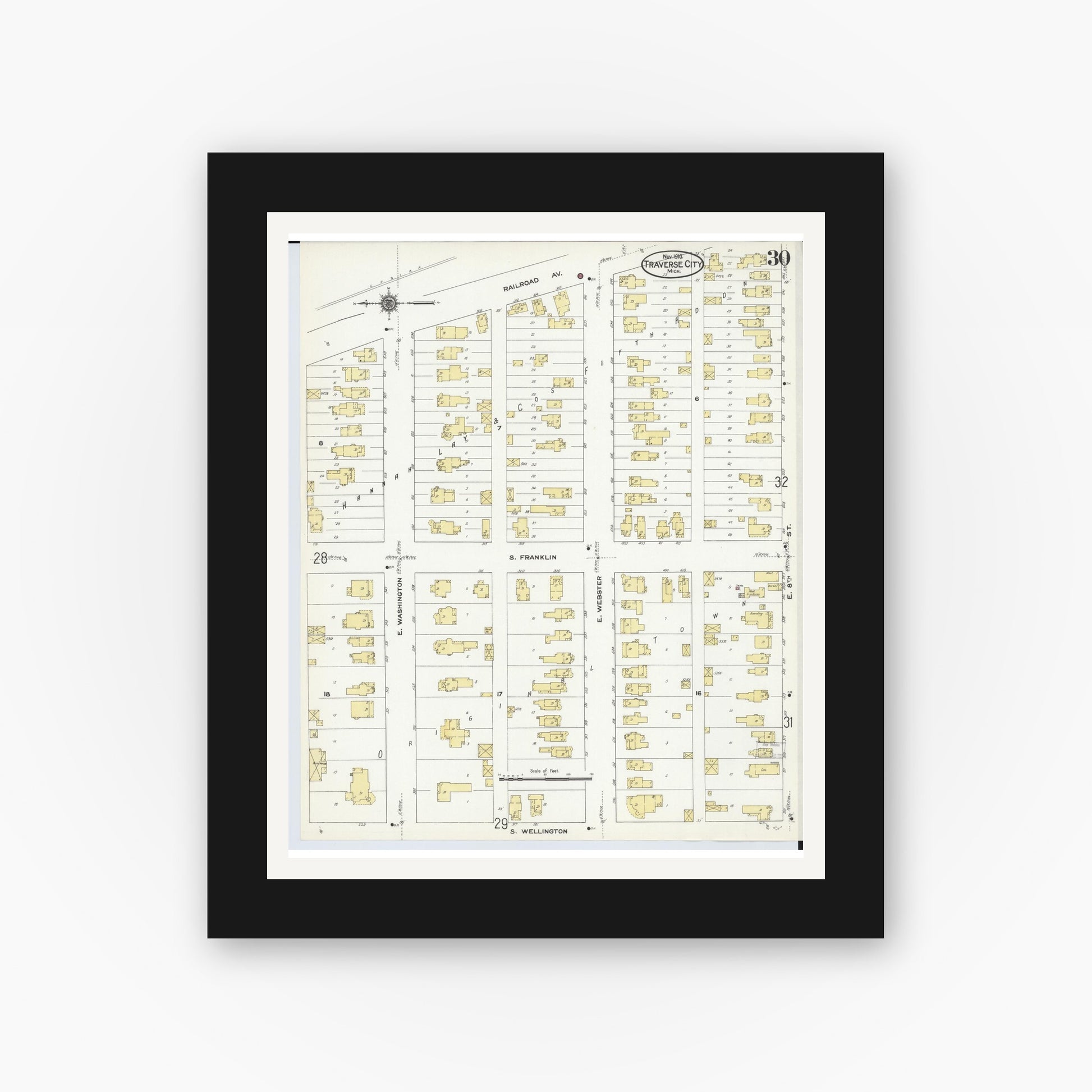 Old map wall art mockup — black gallery frame with white mat — Sanborn Fire Insurance Map from Traverse City, Grand Traverse County, Michigan (1910), Sheet #0030